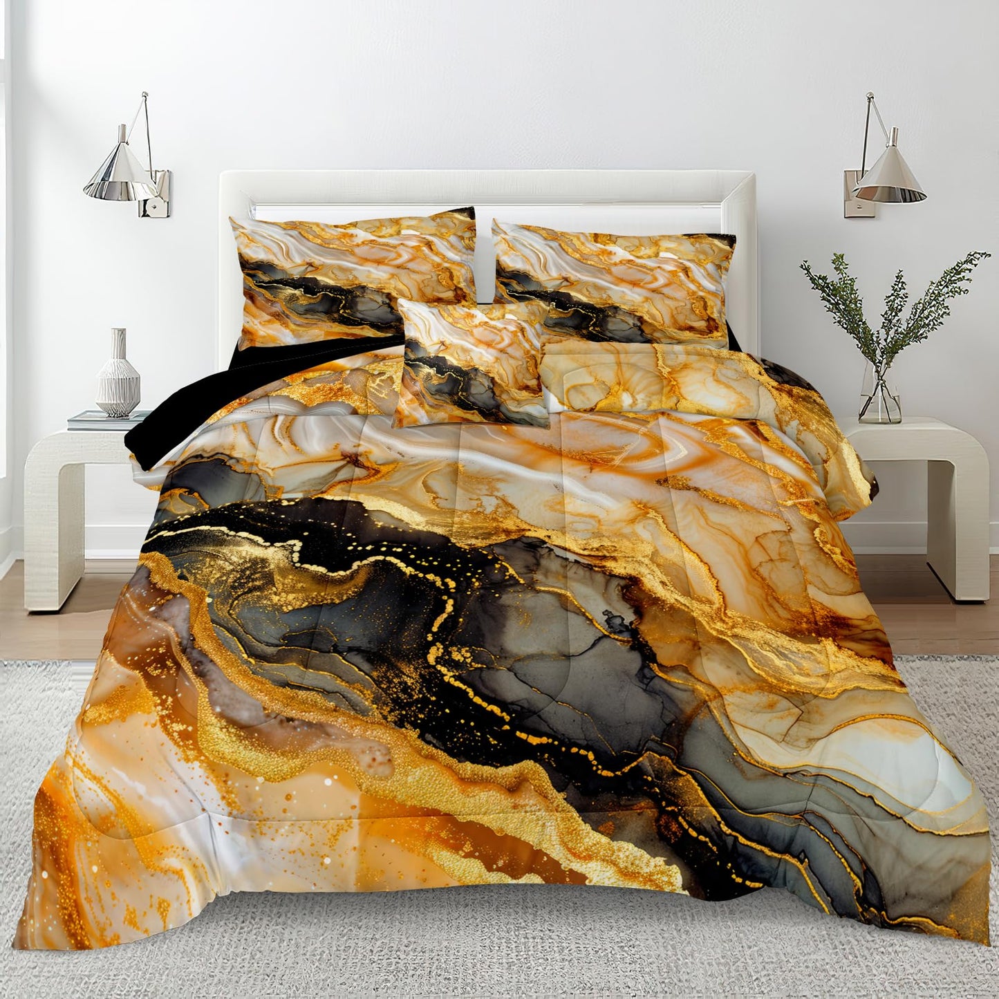 Bedorm Marble Comforter Set Queen Black Gold Bedding Black and White Marble Stone Texture Abstract Bedroom Comforter Super Soft Cozy Marble Bed Set 4 Pcs