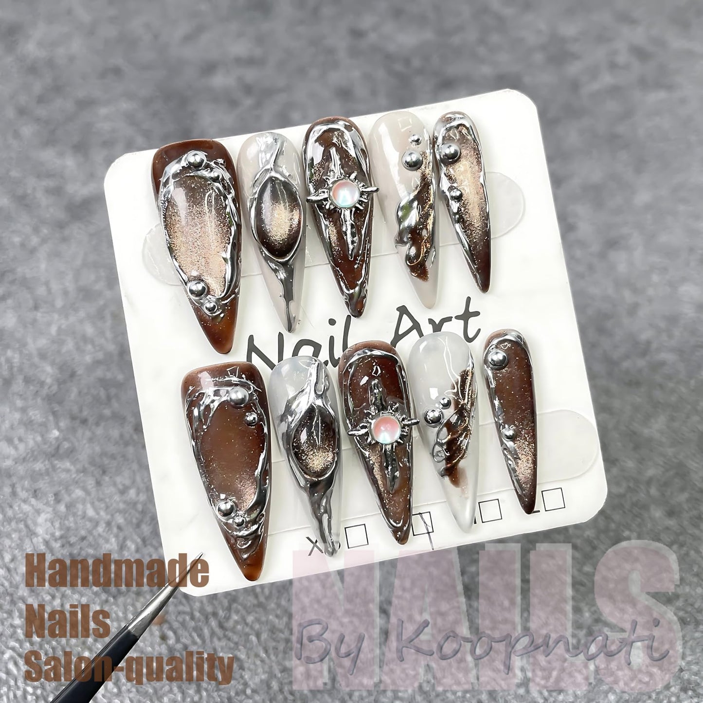 Handmade Press On Nails Long Almond Homemade Press On Nails French Tip With 3D Design Fake Nail Art For Women M