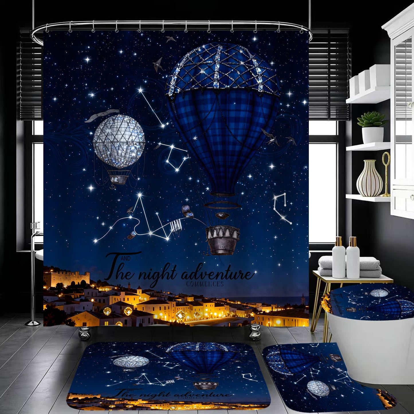 4 Piece Starry Night Shower Curtain Set with Rugs, Blue Hot Air Balloon Adventure Art Bathroom Decor, Waterproof Fabric Curtain with Non-Slip Bath Mats & Toilet Lid Cover, Romantic Night Sky Aesthetic