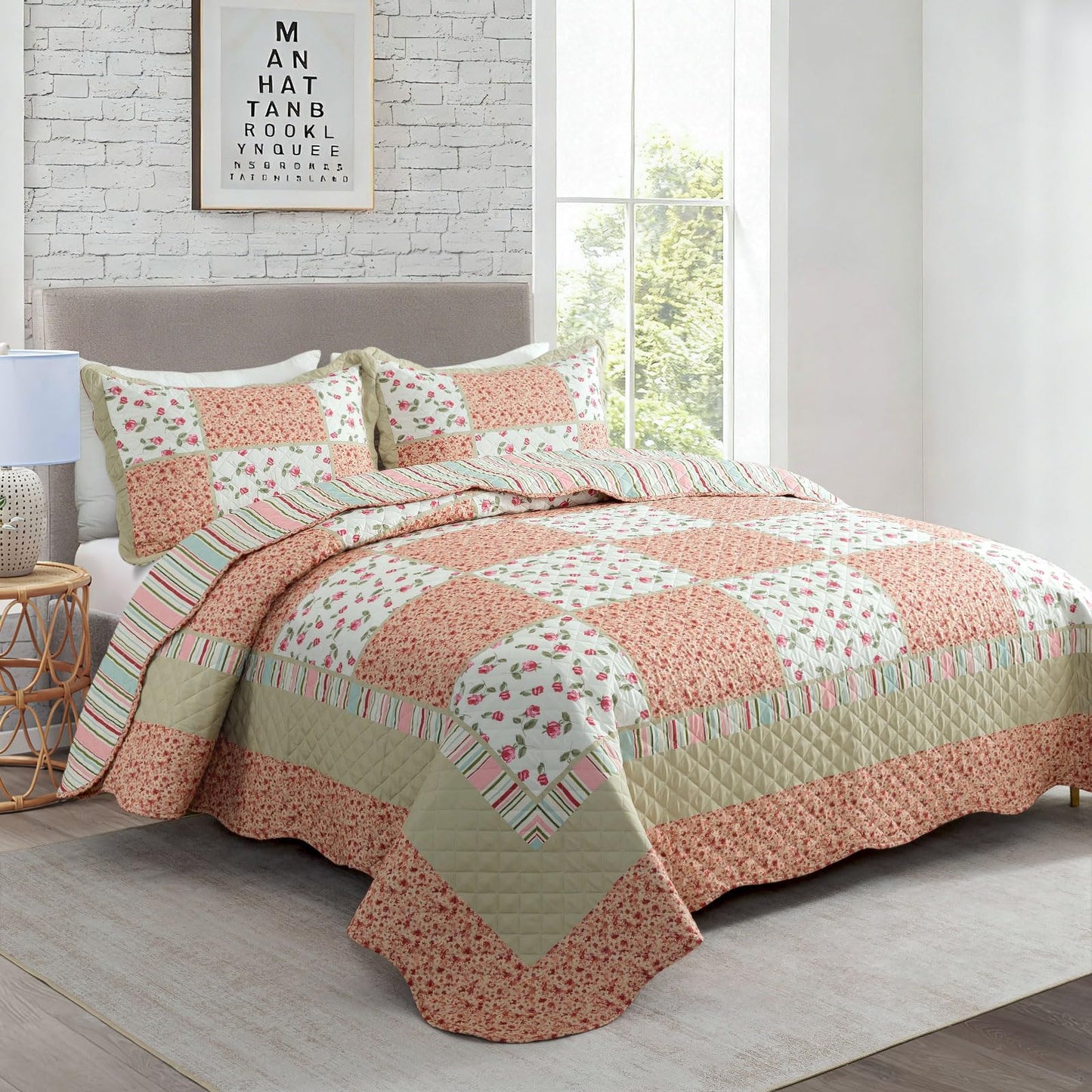 Travan 3-Piece Quilt Set Quilted Bedspread Lightweight Coverlet Set Patchwork Floral Oversized Reversible Soft Quilted Bedding Coverlet Set for All Seasons, King Size