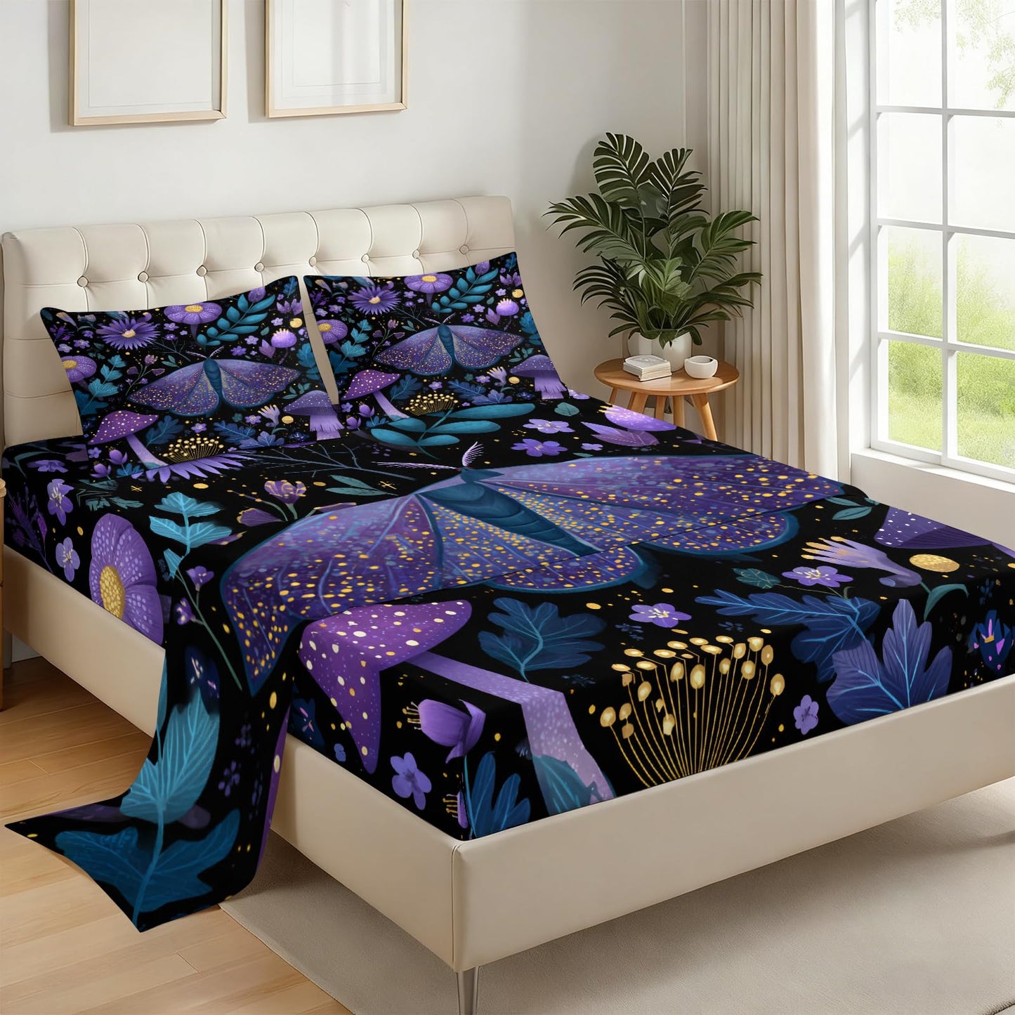Purple Night Moth Sheet Set King for Women Girls Room, Kids Glowing Mushroom Enchanted Forest Bed Sheets Sets Exotic Floral Bedding Sheets Set Room Decor 4Pcs(Fitted & Flat Sheet+2 Pillowcases)