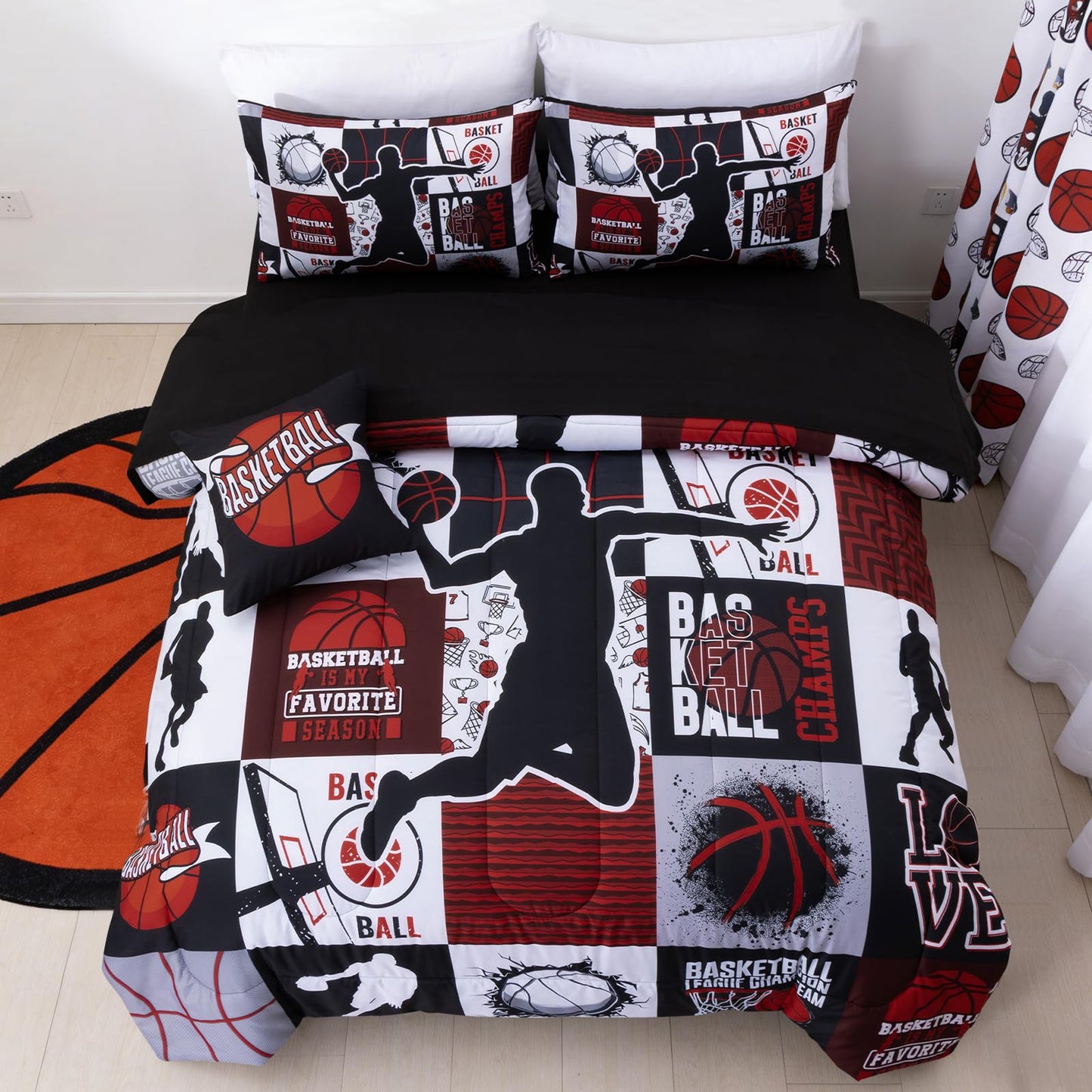 A Nice Night Sports Geometric Grid Baseketabll Patchwork Baskeball Printed for Boys Twin 6Pcs Bed in A Bag Comforter Bedding Set,Red