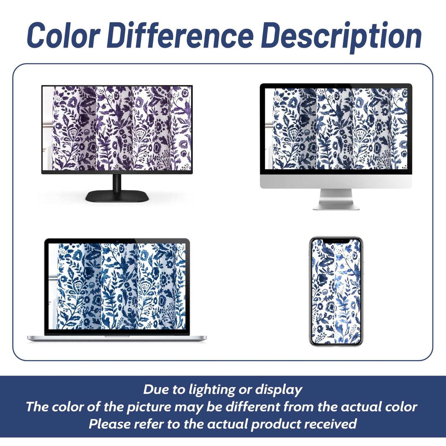 DriftAway Julia Blackout Curtains for Bedroom Navy Floral Watercolor Pattern Double Layer Thermal Insulated Sound Reducing Room Darkening Drapes for Living Room Grommet 2 Panels Each W52 x L84 Navy