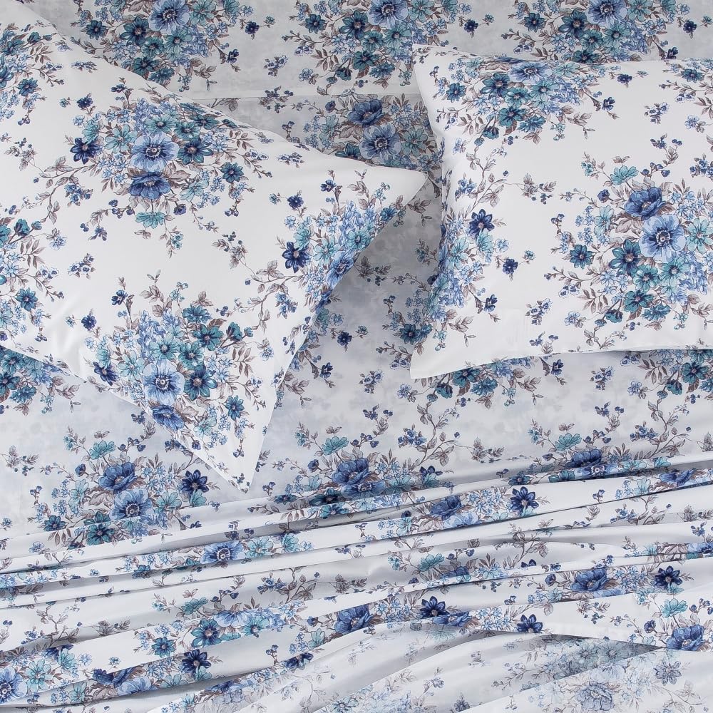 DAUAOTO King Size Printed Sheets Set, 100% Cotton Bedding Sets, Up to 14" Deep Mattress, Floral Pattern Bedlinen Set, French Blue
