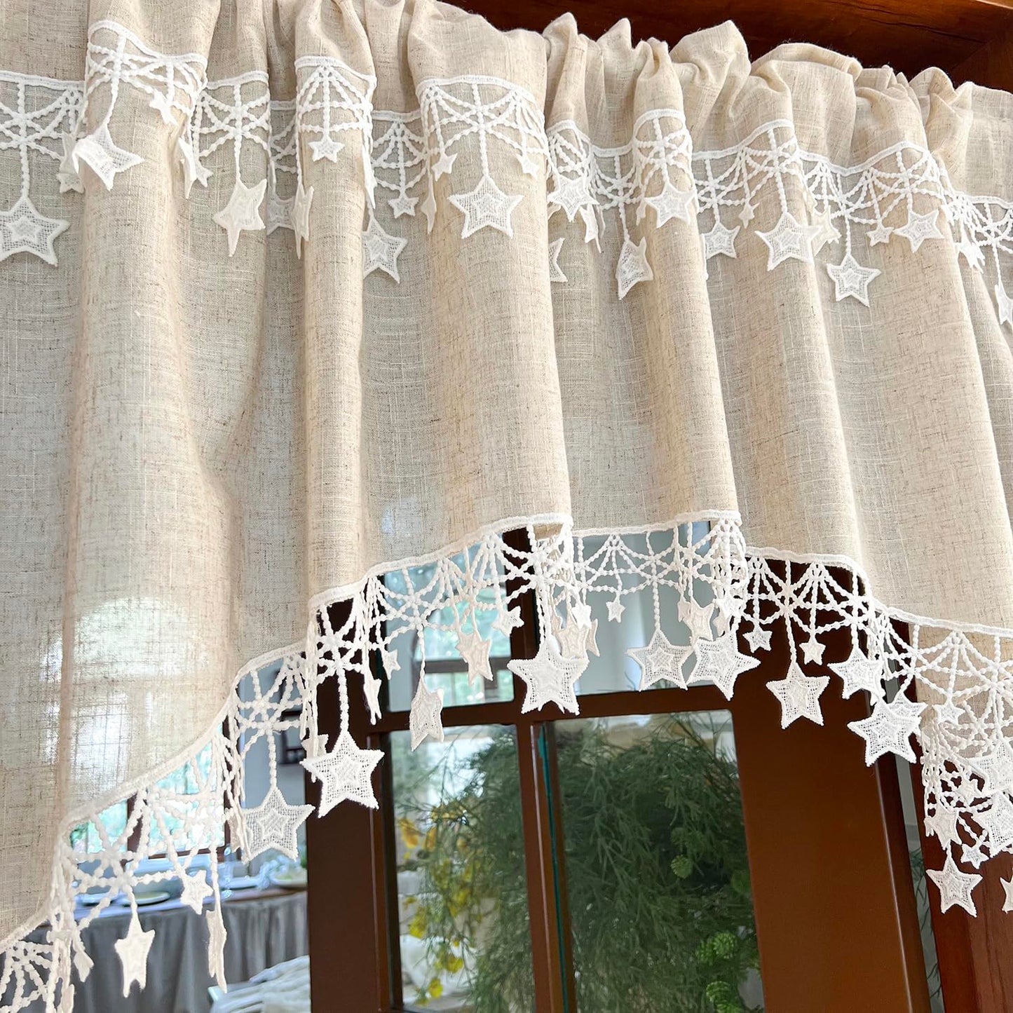 Boho Style Arched Linen Cafe Curtain Valance with Stars Trim Elegant Linen Swag Doorway Curtain Tier for Kitchen Bathroom Bedroom Rod Pocket Top 1 Panel (W39 x L25.5 inch,Beige)