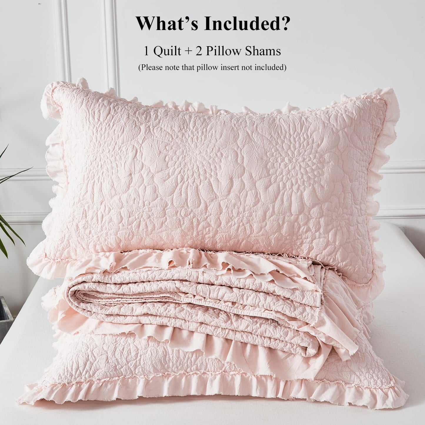 WINLIFE Pink Ruffled Quilt Set 3pcs, Queen Size 90''x98'' Stone Washed Crinkled Quilt Set with Pillow Shams, Lightweight Microfiber All Season Bedspread Coverlet for Farmhouse Shabby Chic Bedroom