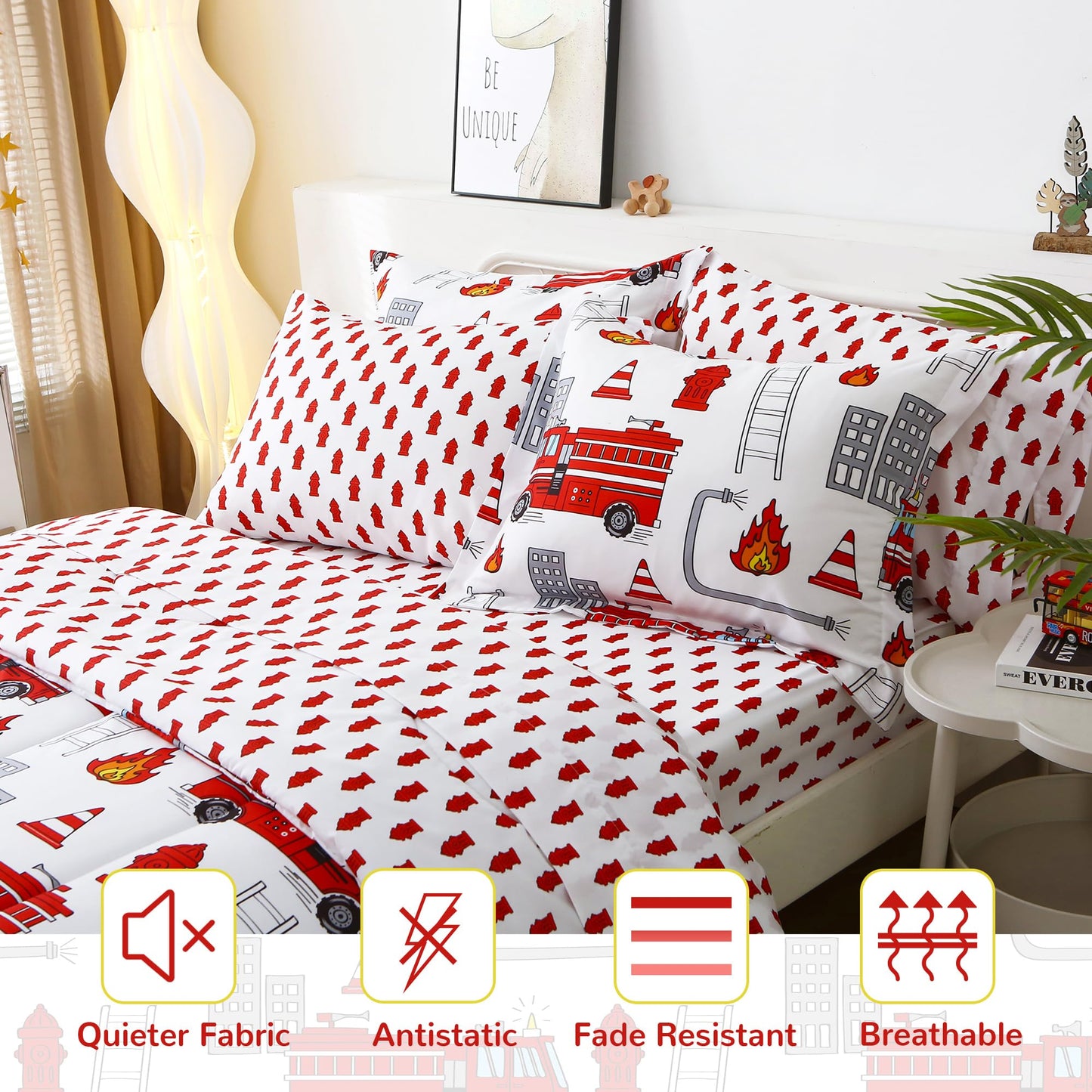 Mooreeke Kids Twin Comforter Sets for Boys 6 Pieces Fire Truck White Bedding Set for Teens Soft Microfiber Kids Bed in A Bag with Comforter, Sheet Set, Shams and Decorative Toy Pillow All Season