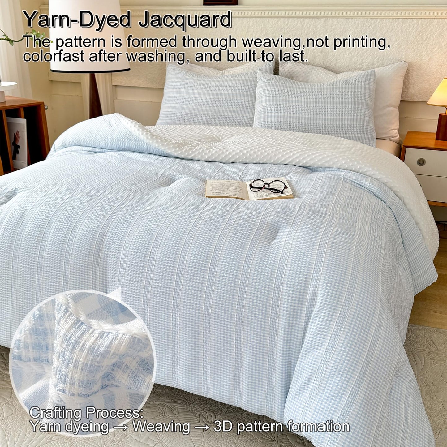 tohrisa Boho Comforter Set Twin Size - 2 Pieces Lightweight Jacquard Seersucker Bedding Sets (1 Soft Fluffy Grid Comforter & 1 Pillowcase) - All Seasons Cozy Modern Bed Set(68"x90" Sky Blue)