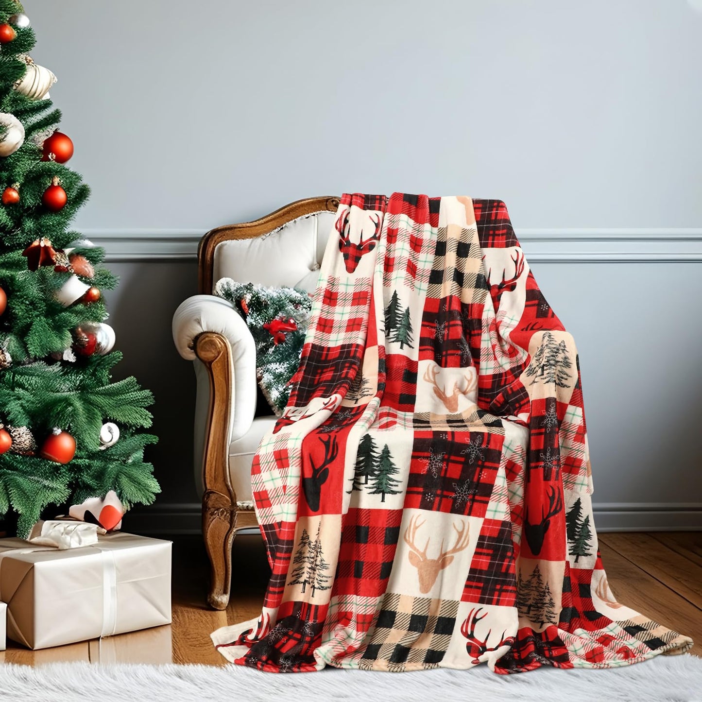 Jansun Christmas Blanket, Christmas Throw Blanket Red Black Plaid Deer Pattern Comfortable Flannel Warm Winter Cabin Throw for Bed Sofa Kids Adults Family Self