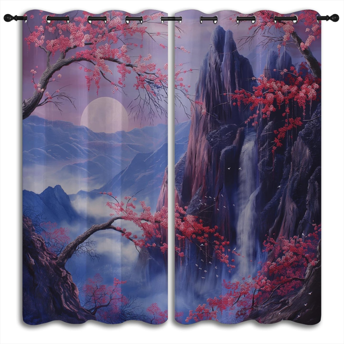 Asian Blackout Curtains for Boys Girl Bedroom Home Decor,Japanese Anime Style Mountain Falls Red Plum Landscape Painting Thermal Insulated Grommet Darkening Living Room Window Drapes, 72 x 63 inch