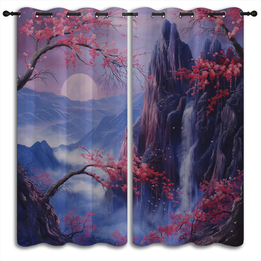 Asian Blackout Curtains for Boys Girl Bedroom Home Decor,Japanese Anime Style Mountain Falls Red Plum Landscape Painting Thermal Insulated Grommet Darkening Living Room Window Drapes, 72 x 63 inch