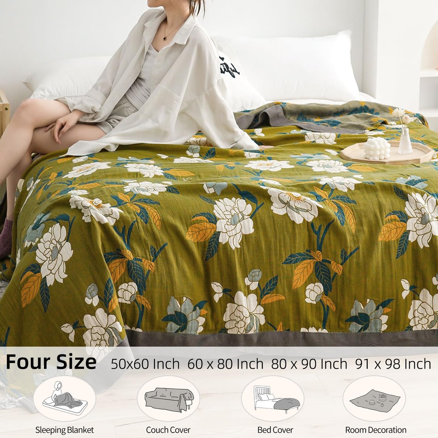 Shesyuki Boho Throw Blanket for Bed - 100% Pure Cotton Ultra Soft Rustic Quilt - Farmhouse Decor Bed Blankets, All Season Rustic Throw for Sofa Couch Chair(91''x 98'', Flower Branch)