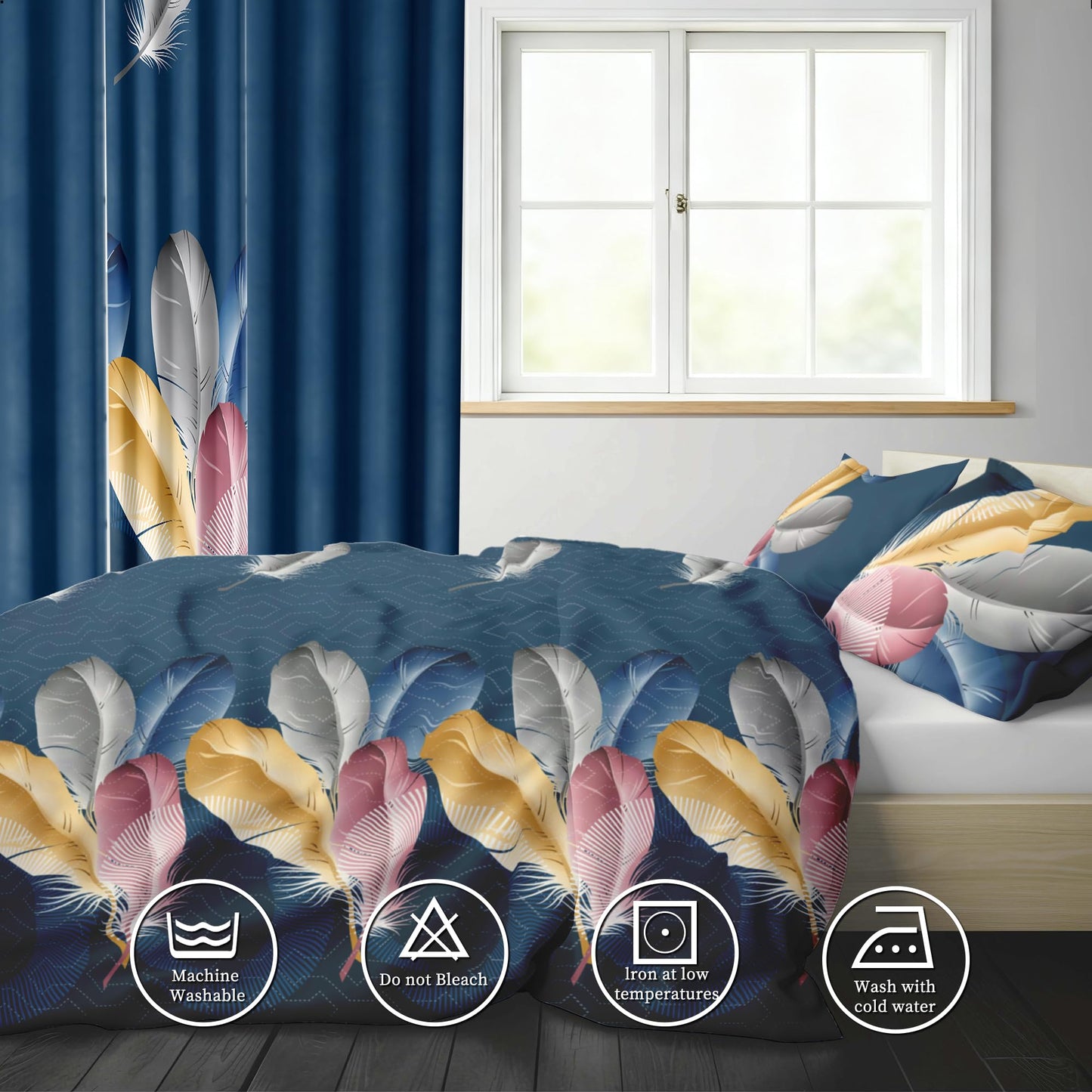 Luxury 9-Piece Blue Feather King Light Comforter Set, Bohemian Bed in a Bag King Bedspread with Matching Curtains Ultra Soft & Breathable All-Season Decor for Master Suite, Chic Home & Wedding Decor