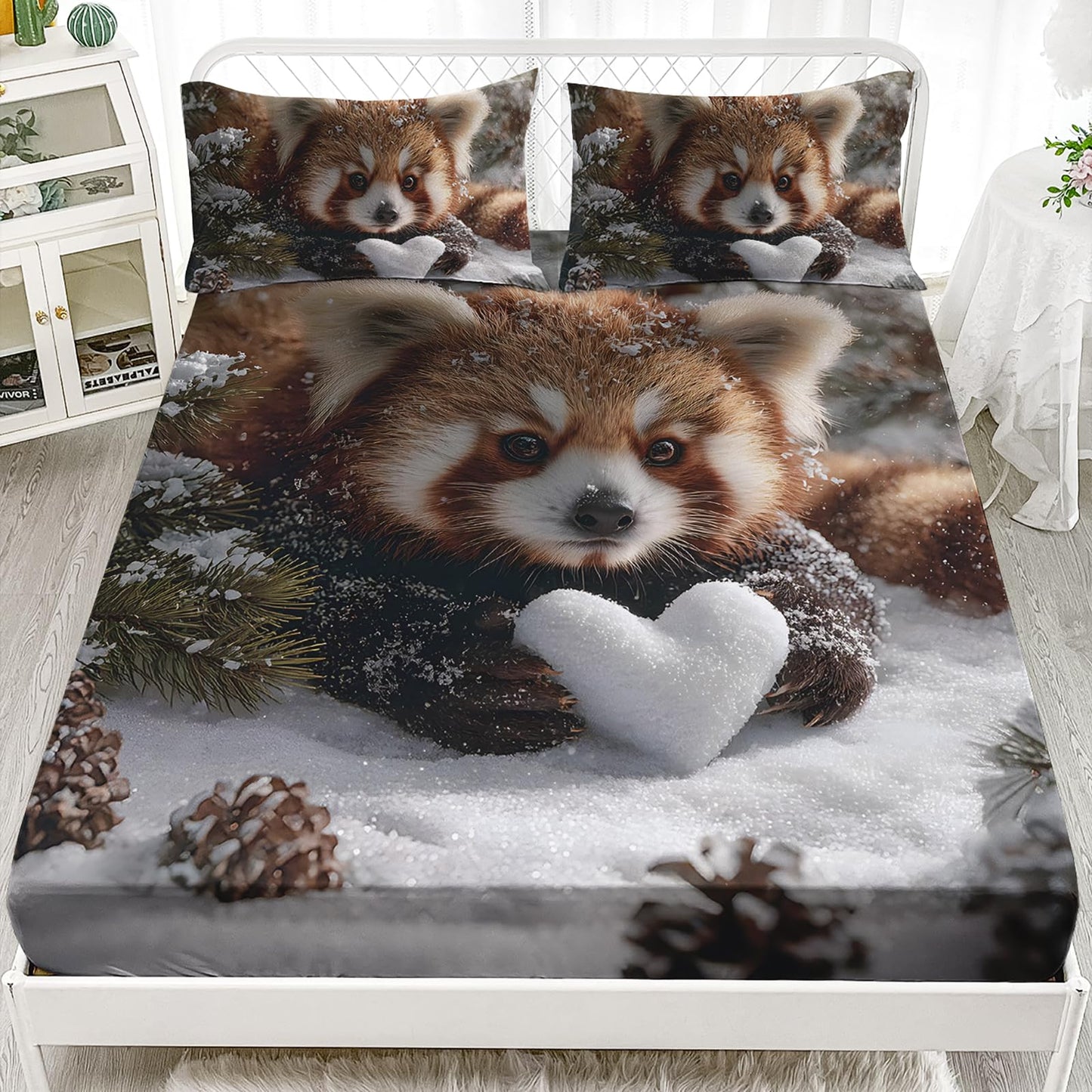 AILONEN Kawaii Red Panda Fitted Sheet Set Full,Lovely Snow Panda Deep Pocket Sheets with 2 Pillowcases,3-Piece Winter Forest Wild Animal Bed Sheet Set for Boys Girls