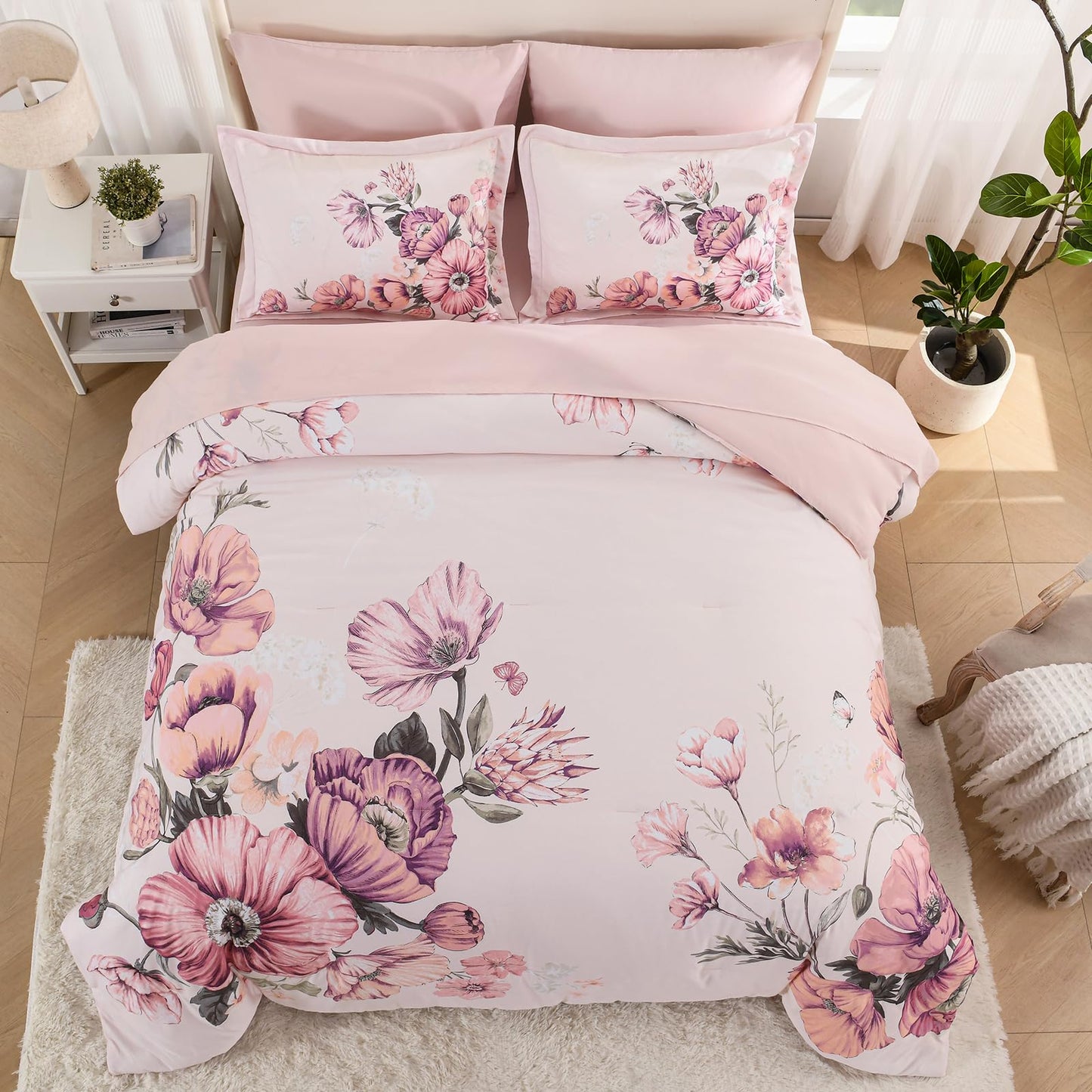 LLDSYW King Size Comforter Set - 7 Pieces Floral Comforter and Sheet Set, Pink King Size Bed in a Bag, Soft Microfiber Flower Complete Bedding Set for All Seasons（Pink,104"x90"）
