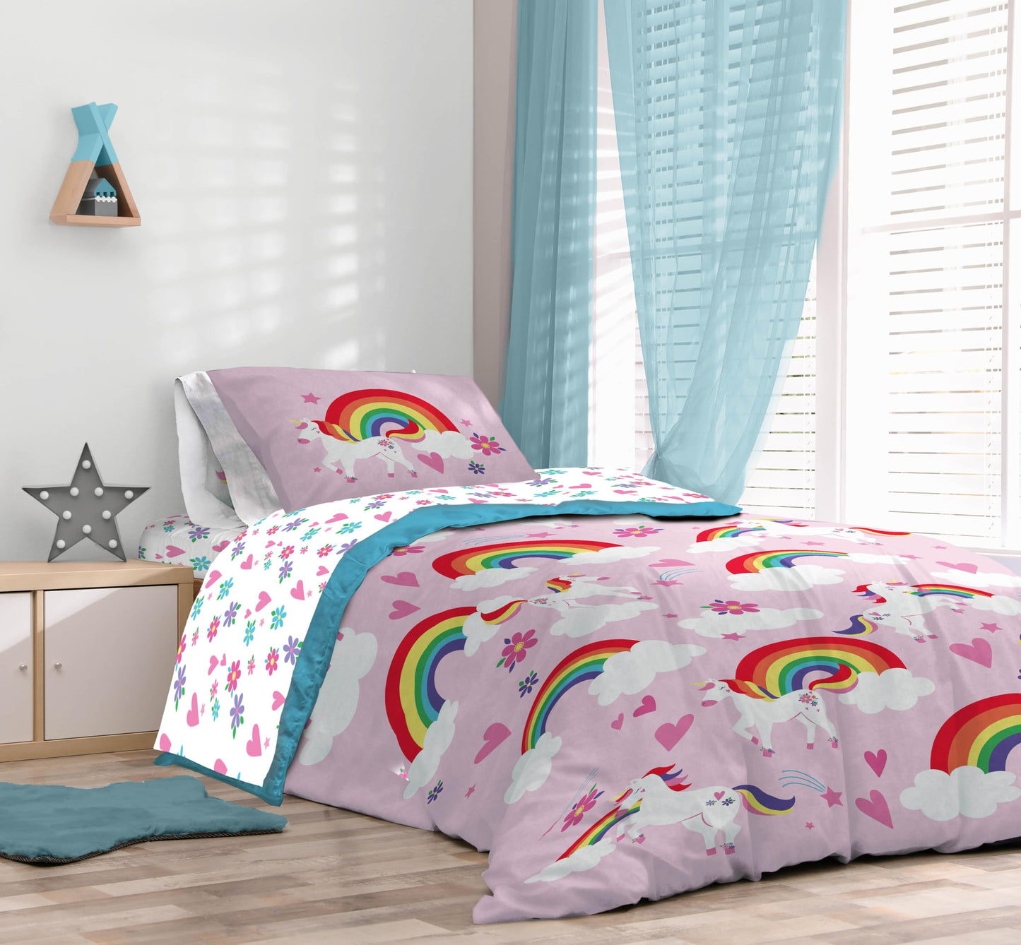 Sunny Side Up Rainbow Unicorns Full Comforter Set - 7 Piece Kids Bedding Includes Comforter, Sheets & Pillow Cover - Super Soft Pink Floral Microfiber Bed Set