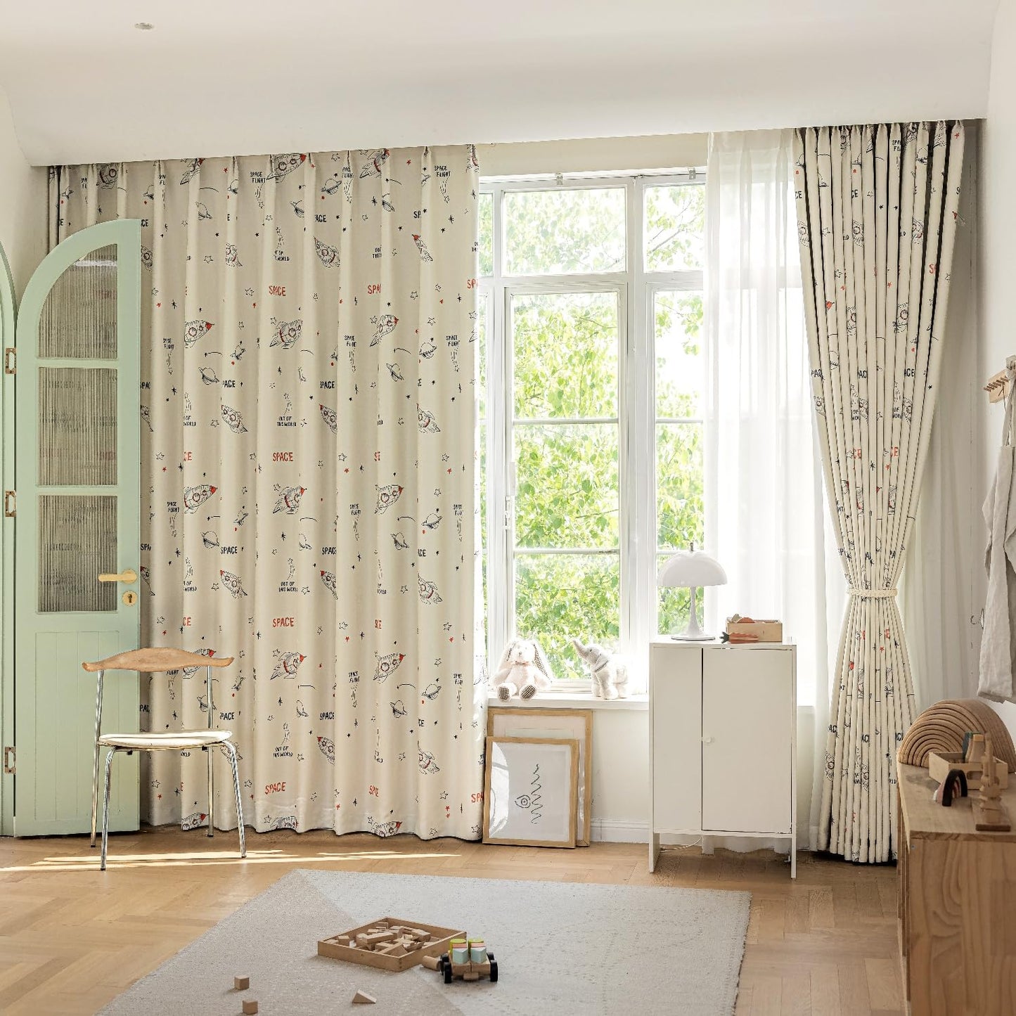 Cartoon Space Theme Pattern Semi Blackout Curtain for Kids Room Nursery