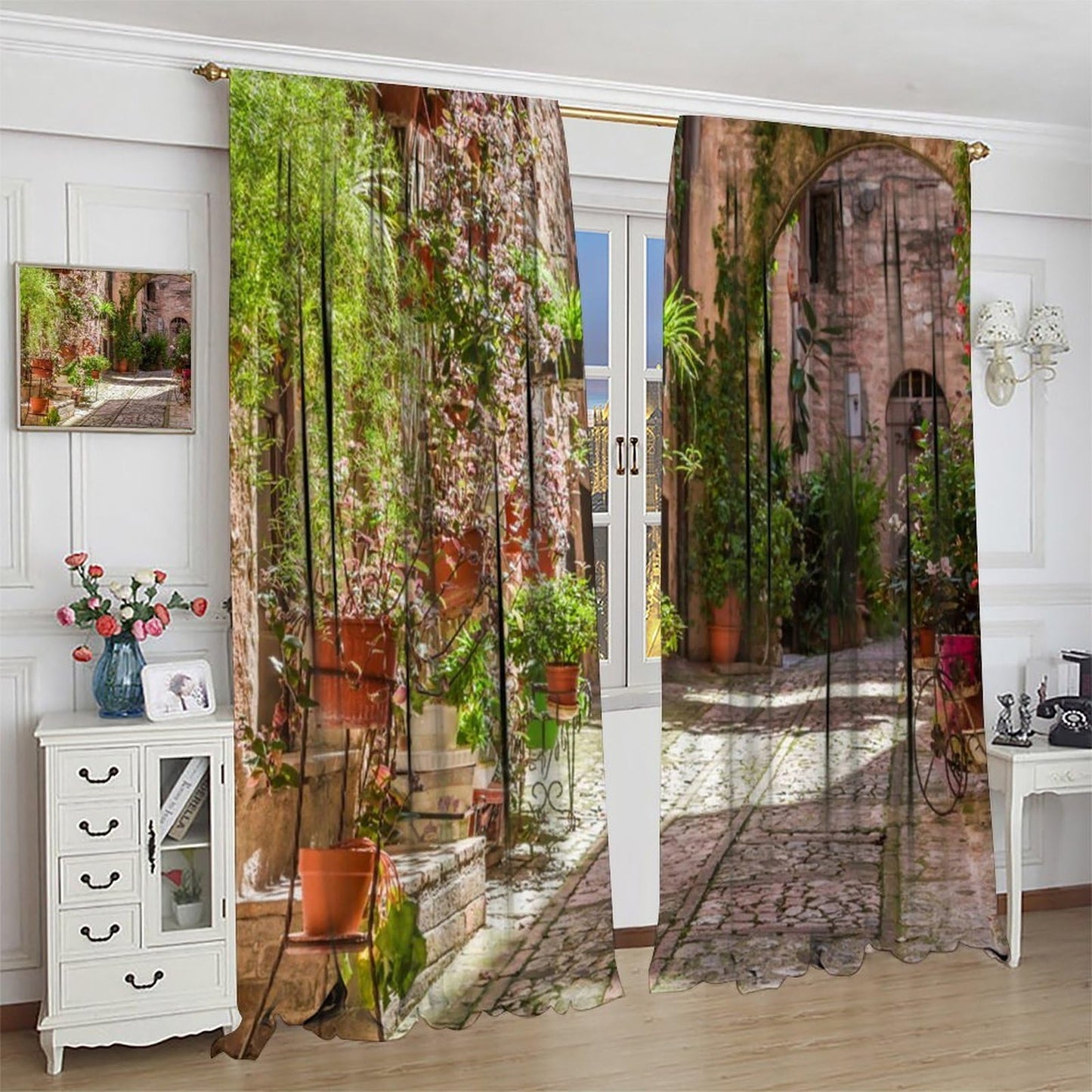 Italy Town Decor Curtain, Rustic Italian Street Sun Stone Alley Green Plant Pink Flower Landscape Print Rod Pocket Window Drapes, for Bedroom Living Room Kitchen 42" W X 45" L