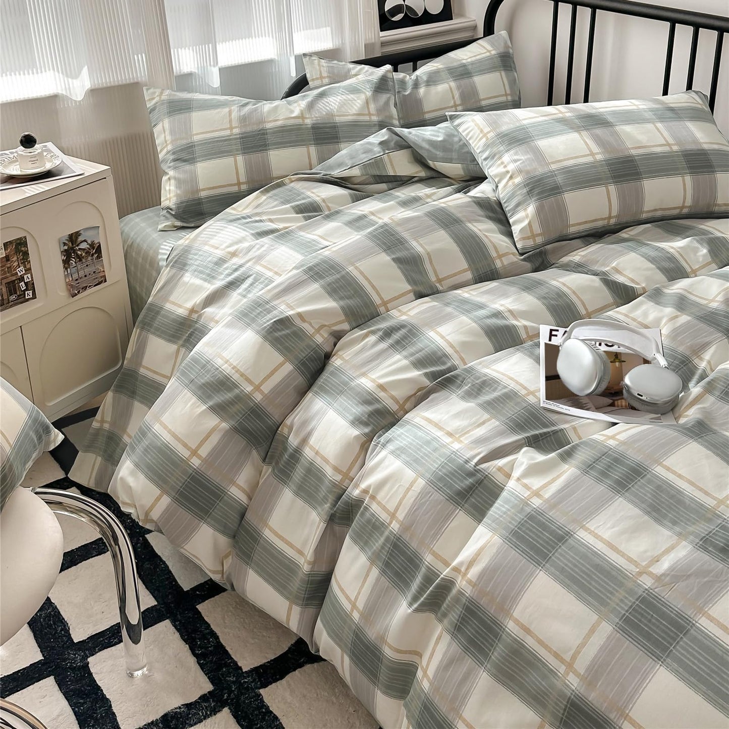 VM VOUGEMARKET Green Plaid Duvet Cover Sets Queen,3 Pieces Gingham Comforter Cover with Zipper Closure & Corner Ties for Men Boys Simple Modern Bedding Set (90"x90")