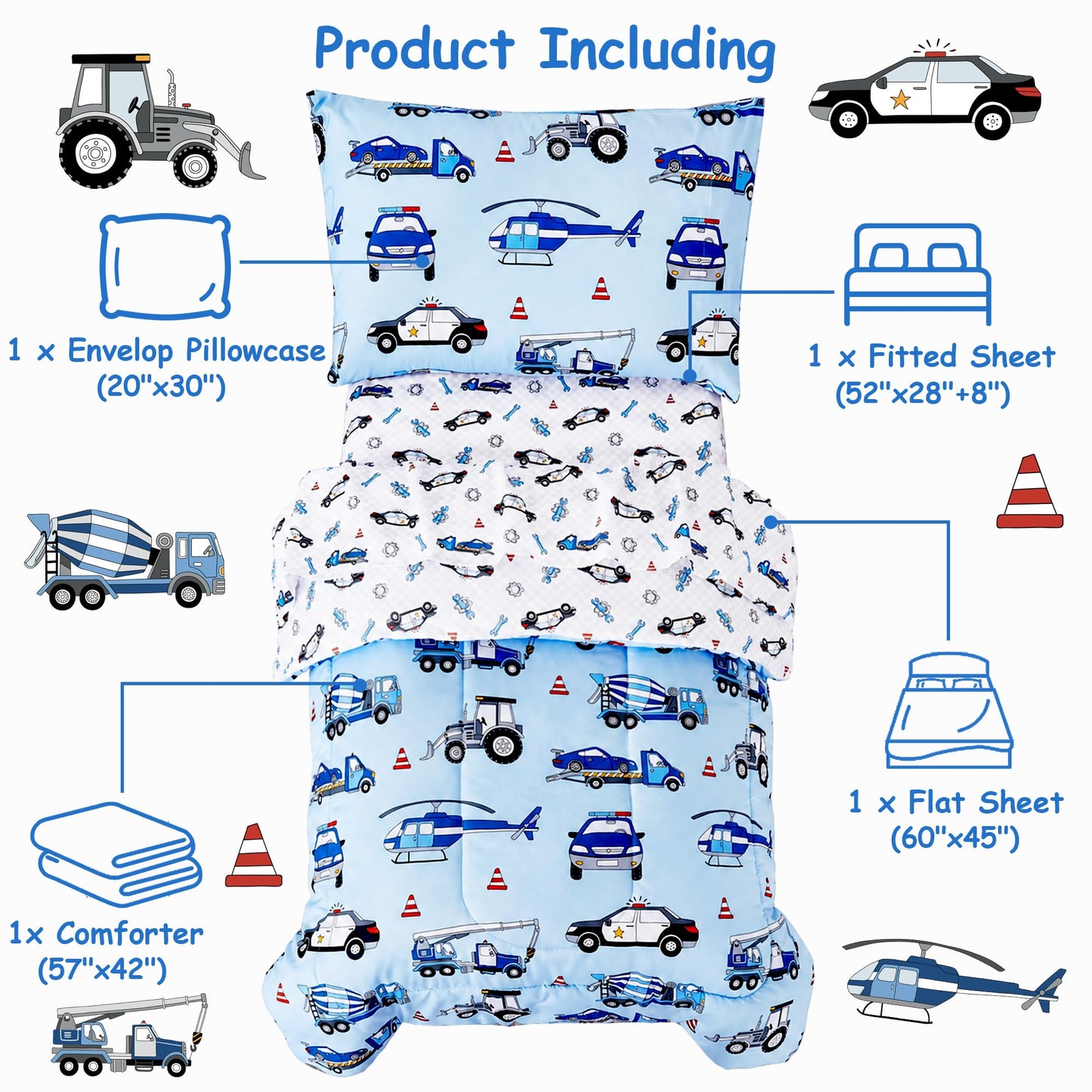 Mooreeke 4 Pieces Toddler Bedding Set - Blue Cool Police Car Plane Toddler Comforter Sets for Boys, Includes Comforter, Flat Sheet, Fitted Sheet and Pillowcase, Bed in A Bag for Baby Bedroom