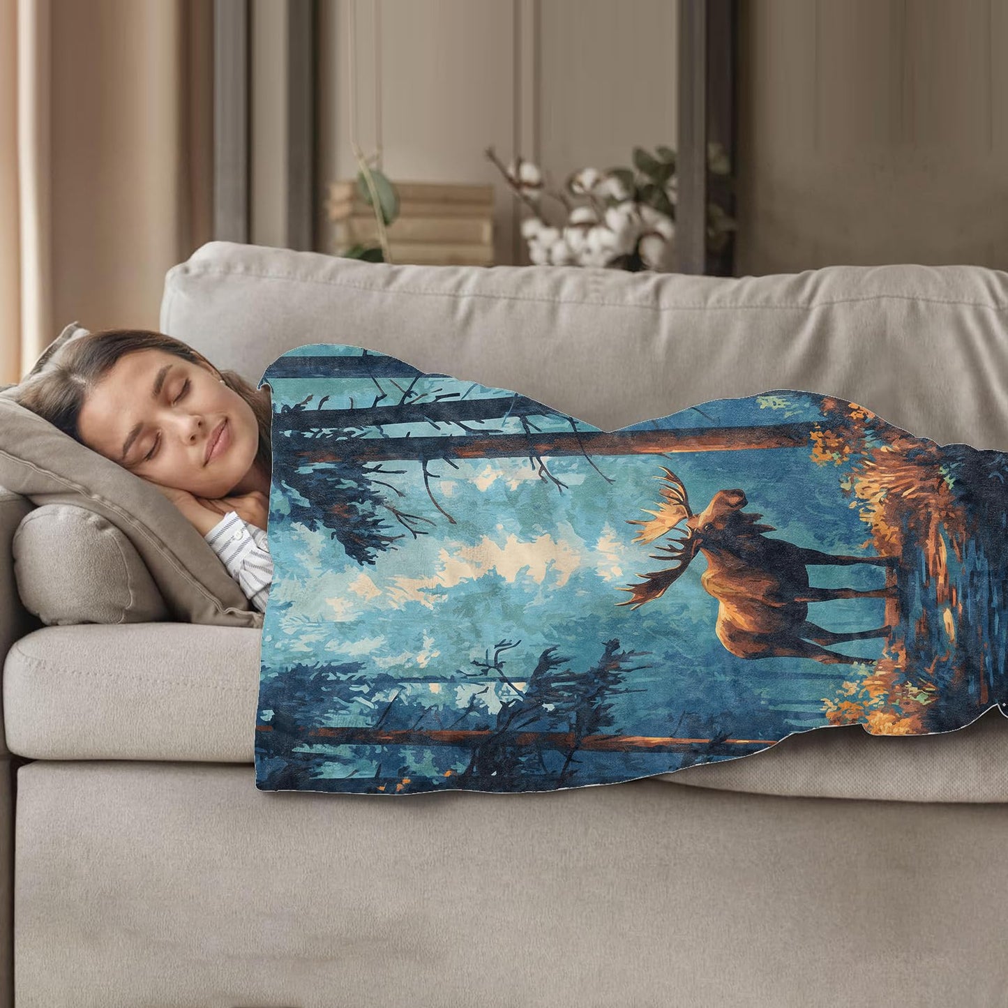 Plistiz Moose Throw Blanket 50x60, Forest Theme Blankets for Living Room Decor, Soft Flannel Gifts for Women