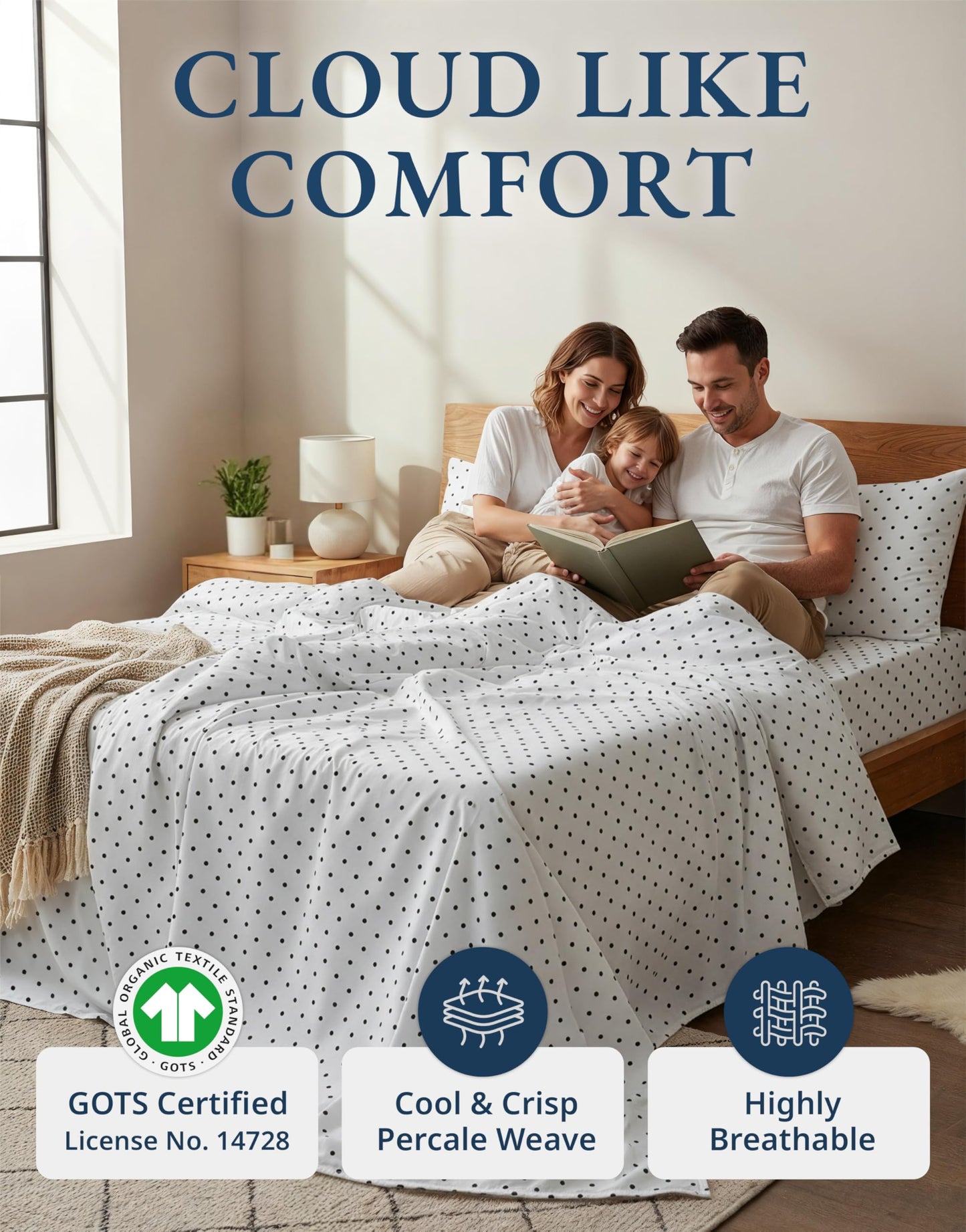 LANE LINEN Queen Size Sheets Deep Pocket 100% Organic Cotton GOTS Certified Percale Weave Deep Pocket 4 Piece Soft Breathable Cooling Lightweight All Season Machine Washable Crisp - Polka Dot-Black