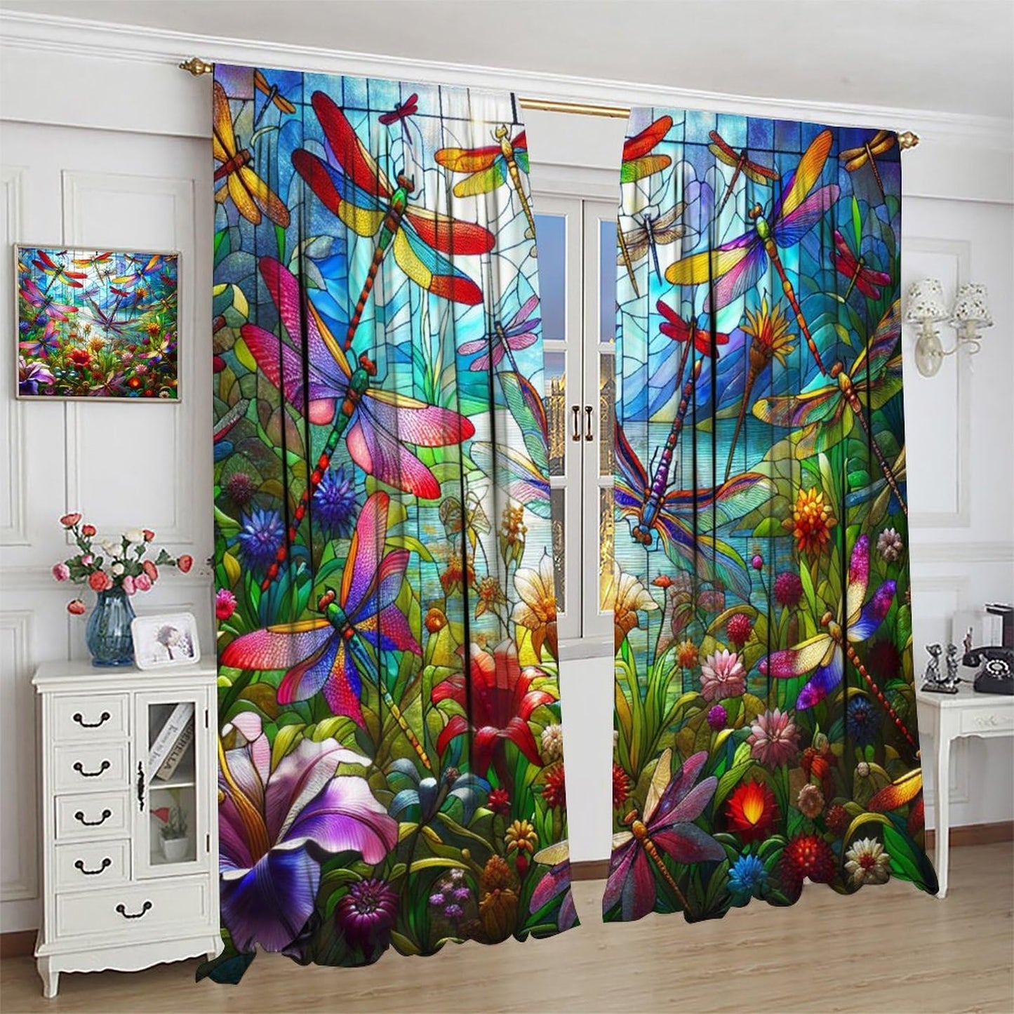 FengMingRui Dream Stained Glass Curtains Dragonfly Flowers Fantasy Nature Scenery Floral Blackout Window Treatments for Kids Boys Girls Bedroom Living Room Window Drapes 42" W X 45" L