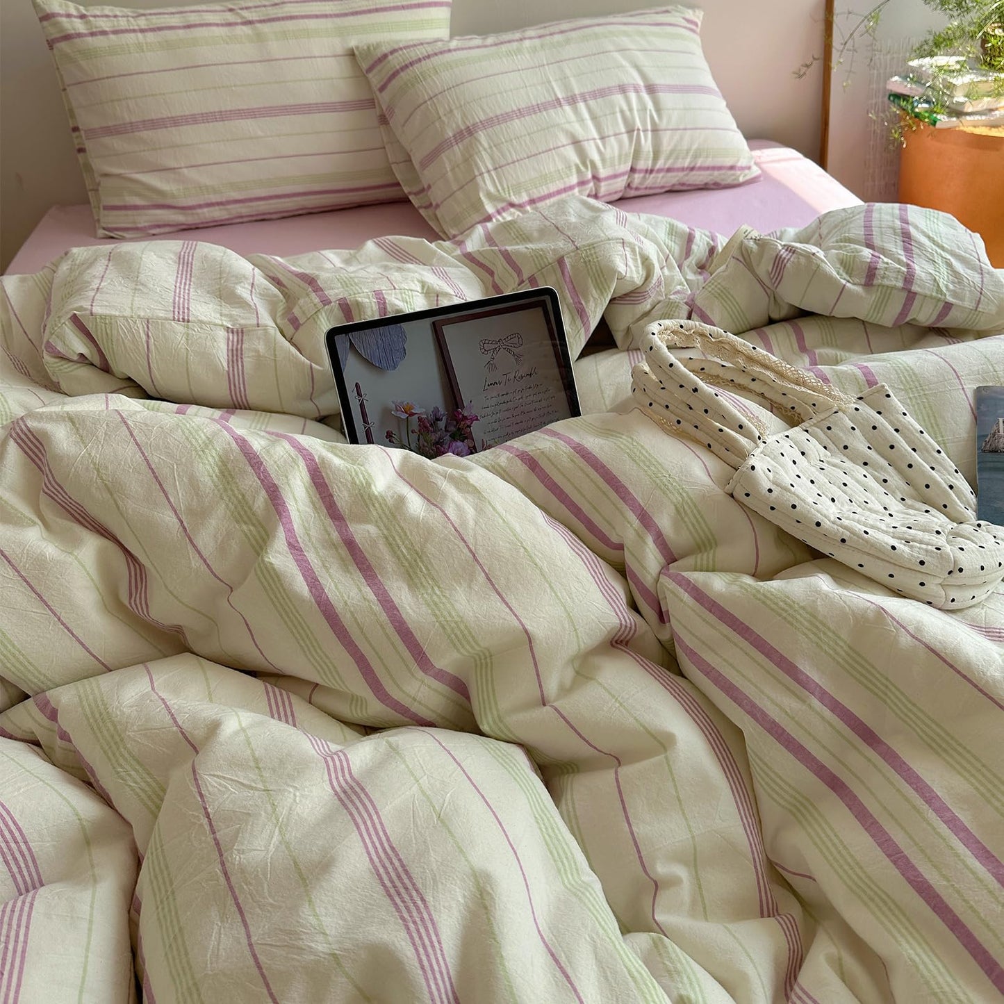 EAVD Retro Striped Duvet Cover Queen Size Soft 100% Cotton Green Purple Vertical Stripes Pattern Bedding Set with 2 Pillowcases Reversible Farmhouse Geometric Pattern Duvet Cover with Zipper