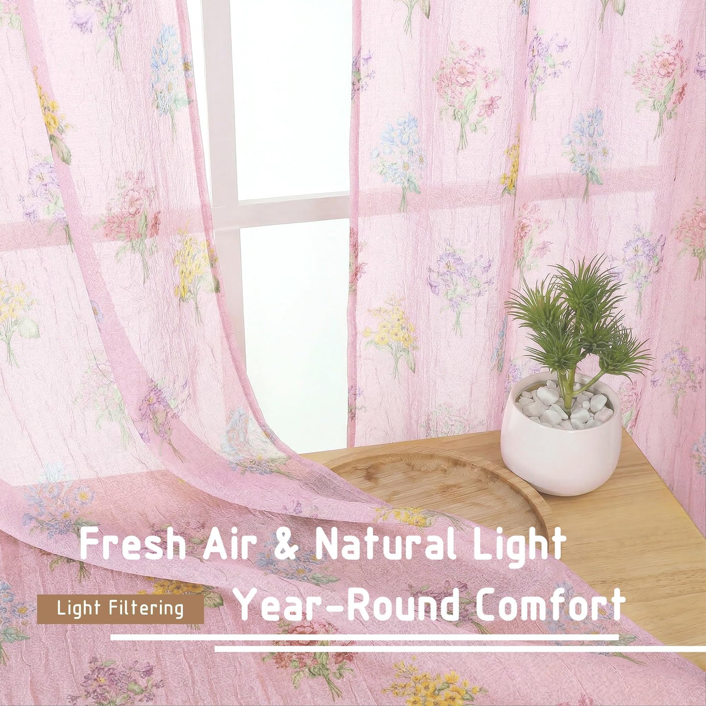 Ebesto Crushed Floral Sheer Curtains 63 Inch Length - Light Filtering Printed Sheer Flower Patterned Curtains for Bedroom, Spring Romantic Rod Pocket Window Drapes, 2 Panels, 42Wx63L, Blush Pink