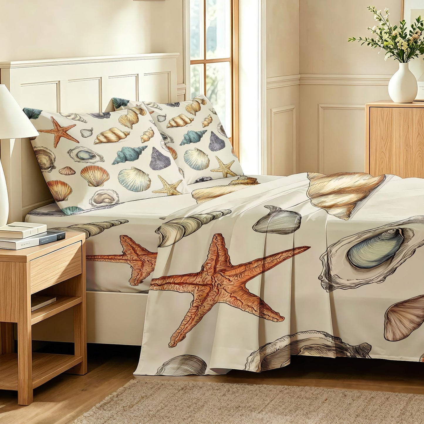 Coastal Queen Sheet Set Marine Life Flat Fitted Sheet Sets