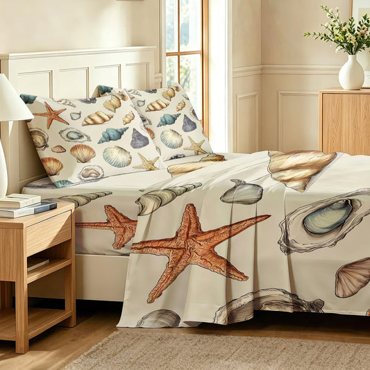 Coastal Queen Sheet Set Marine Life Flat Fitted Sheet Sets