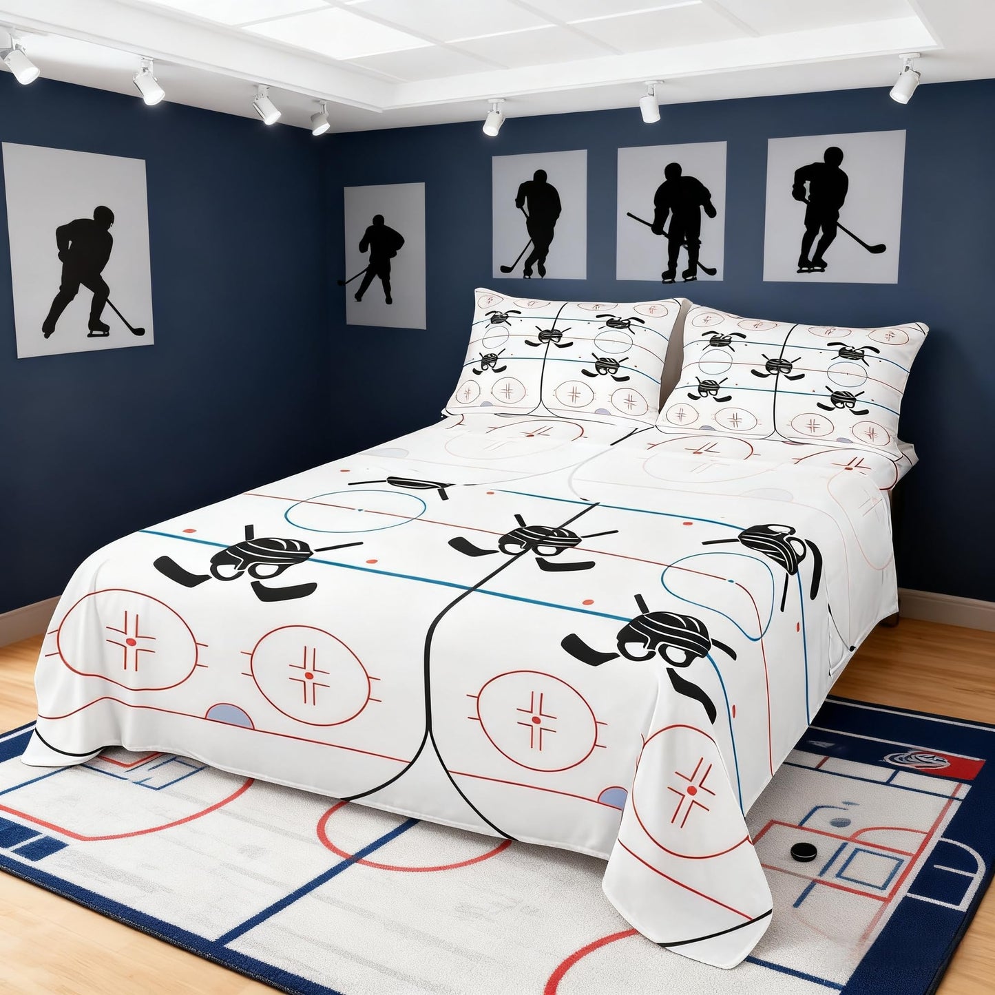 Hockey Stadium Kids Sheet Full Size,Ice Hockey Rink Bedding Set for Boys Girls Adults,Winter Event Sports Lovers Abstract Vivid White Bed Sheet Set 4pcs(Fitted Sheet + Flat Sheet + 2 Pillowcases)