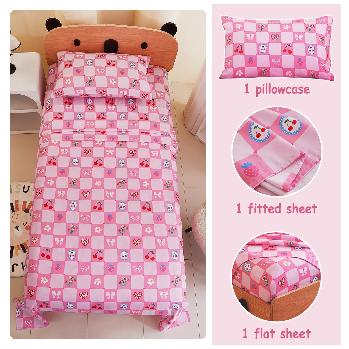 Softan Kids Bed Sheet Set, 3-Piece Twin Sheets Set, Microfiber Fitted Sheet with Corner Straps, Breathable & Silky Soft Pink Fruit Checkered Pattern Sheet and Pillowcase Sets