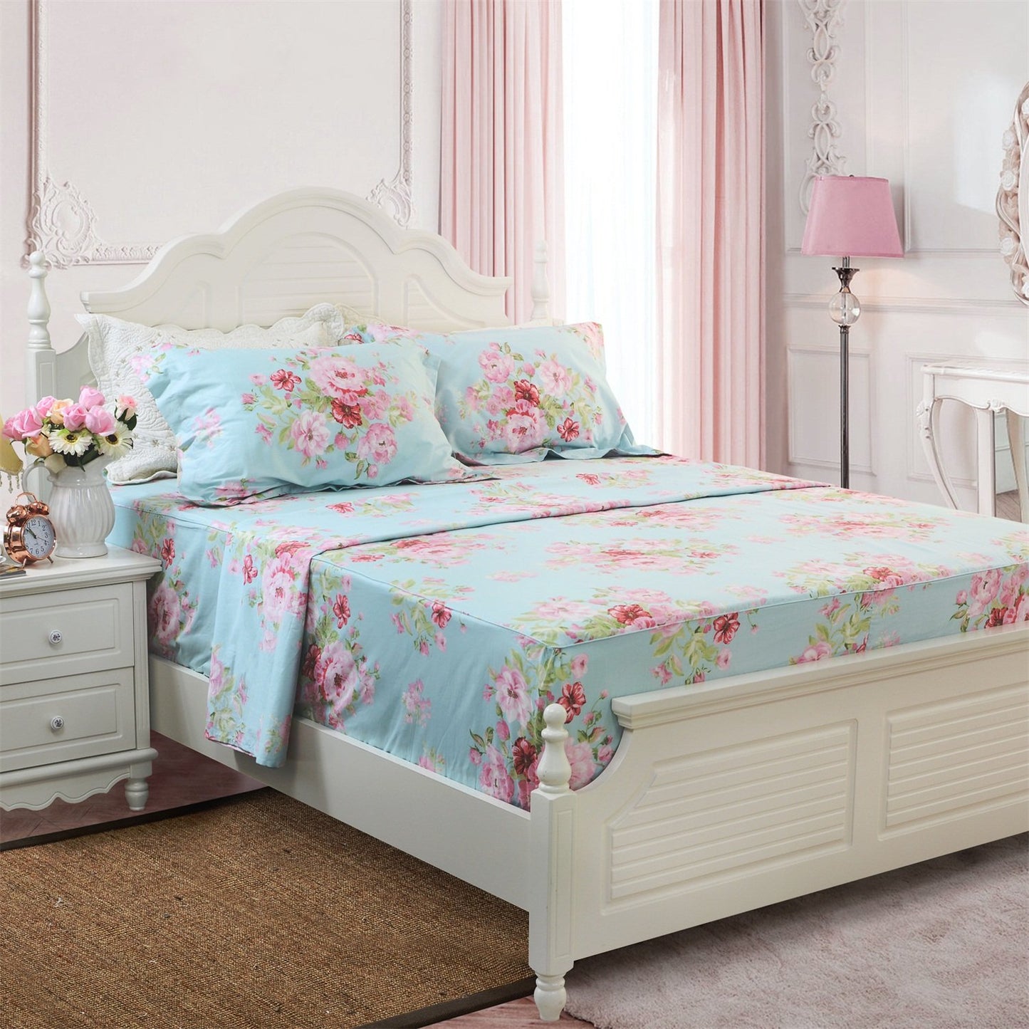 FADFAY Shabby Pink Floral Bed Sheet Set Cotton Deep Pocket Sheets 4-Piece King Size