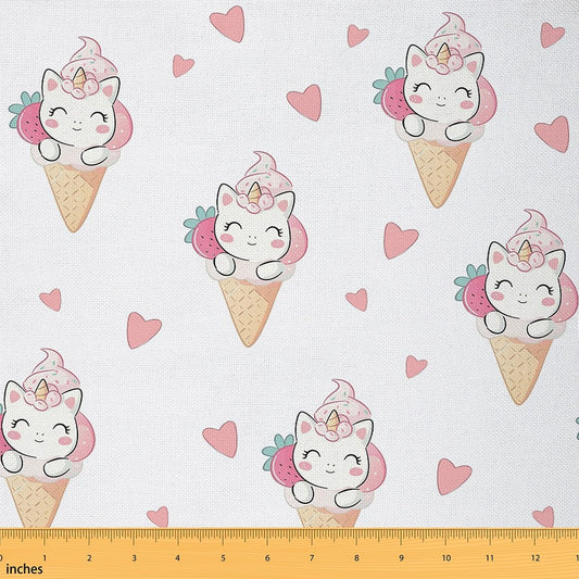 Cartoon Unicorn Ice Cream Fabric by The Yard Watercolor Pink Hearts Graffiti Romantic No Stretch Fabric Cute Strawberry Animal Girly Flannel Polyester Fabric for DIY Projects 1 Yard Pre-Cut,36x59