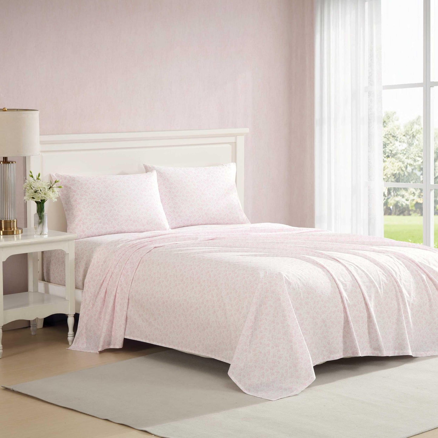 Laura Ashley - King Sheet Set, Crisp & Cool Cotton Percale Bedding with Deep Pockets, Lightweight for Year Round Comfort, Bed Sheets with Matching Pillowcases (Floral Toile Pink)