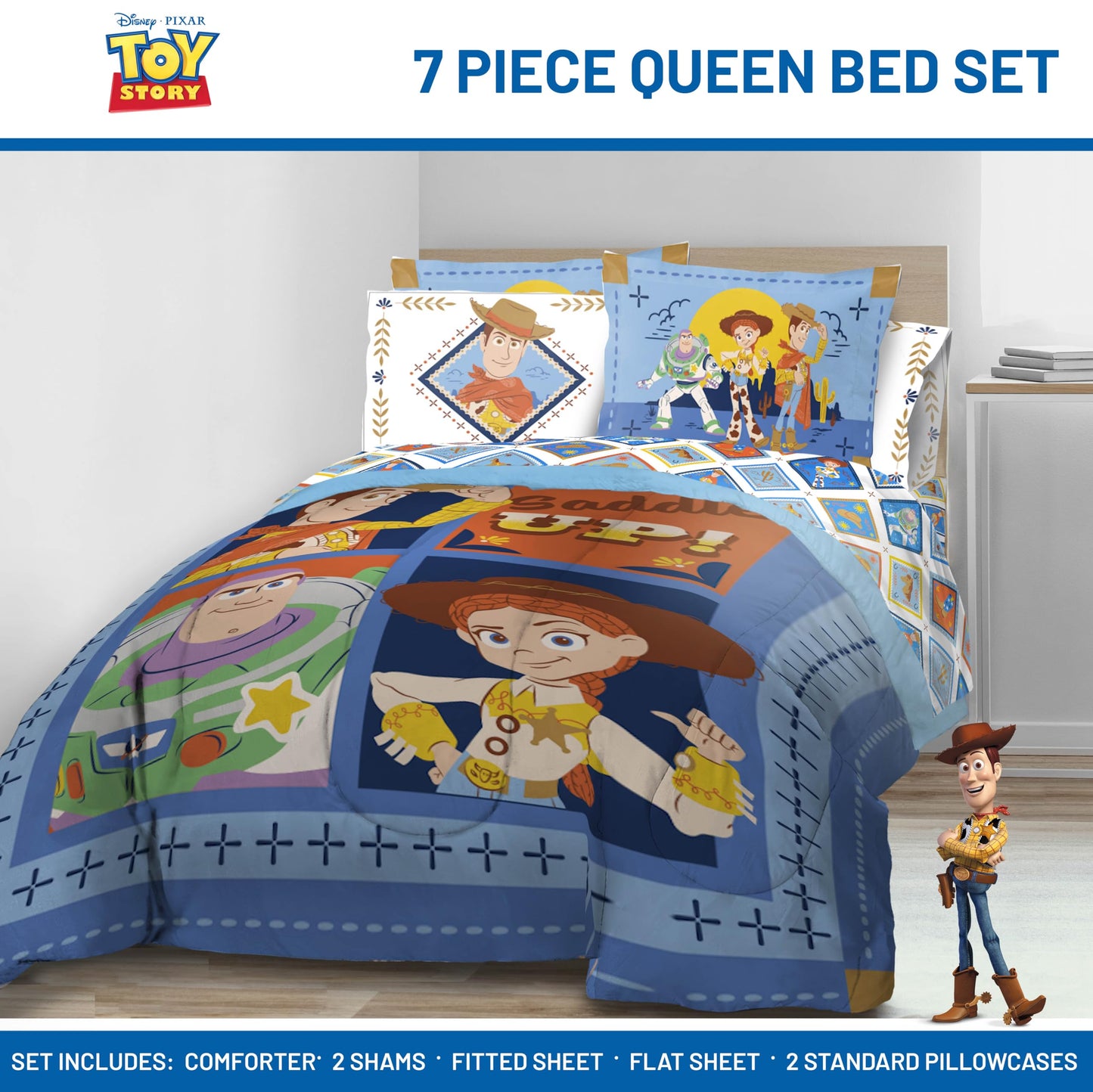 Jay Franco Kids Bed Set, Blue, Toy Story, 7 Piece Queen