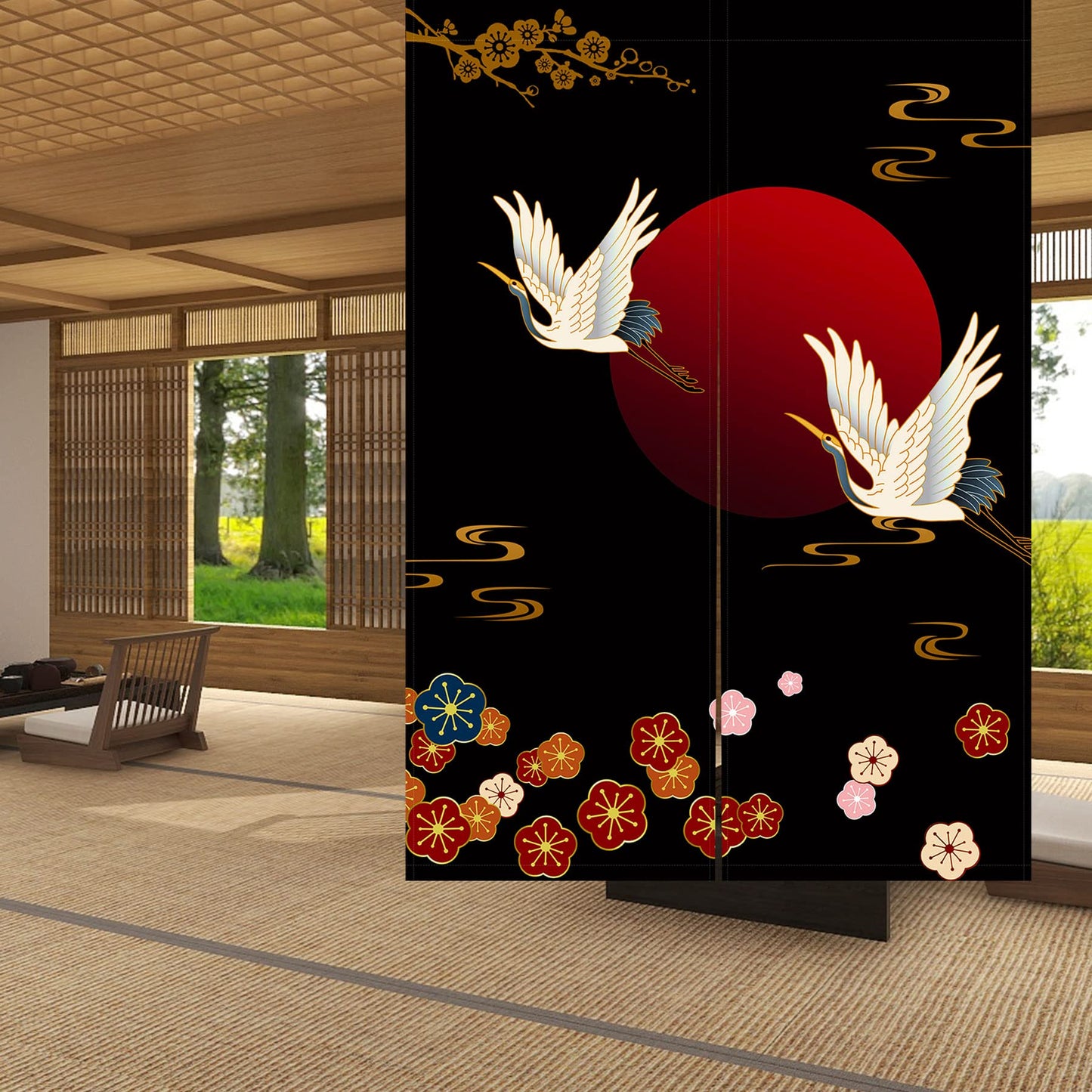 LIGICKY Noren Doorway Curtain Japanese Style White Cranes Red Sun Gold Colourful Cherryblossom Printed Cotton Linen Window Treatment Door Tapestry for Home Decoration 33.5" Width x 47.2" Long