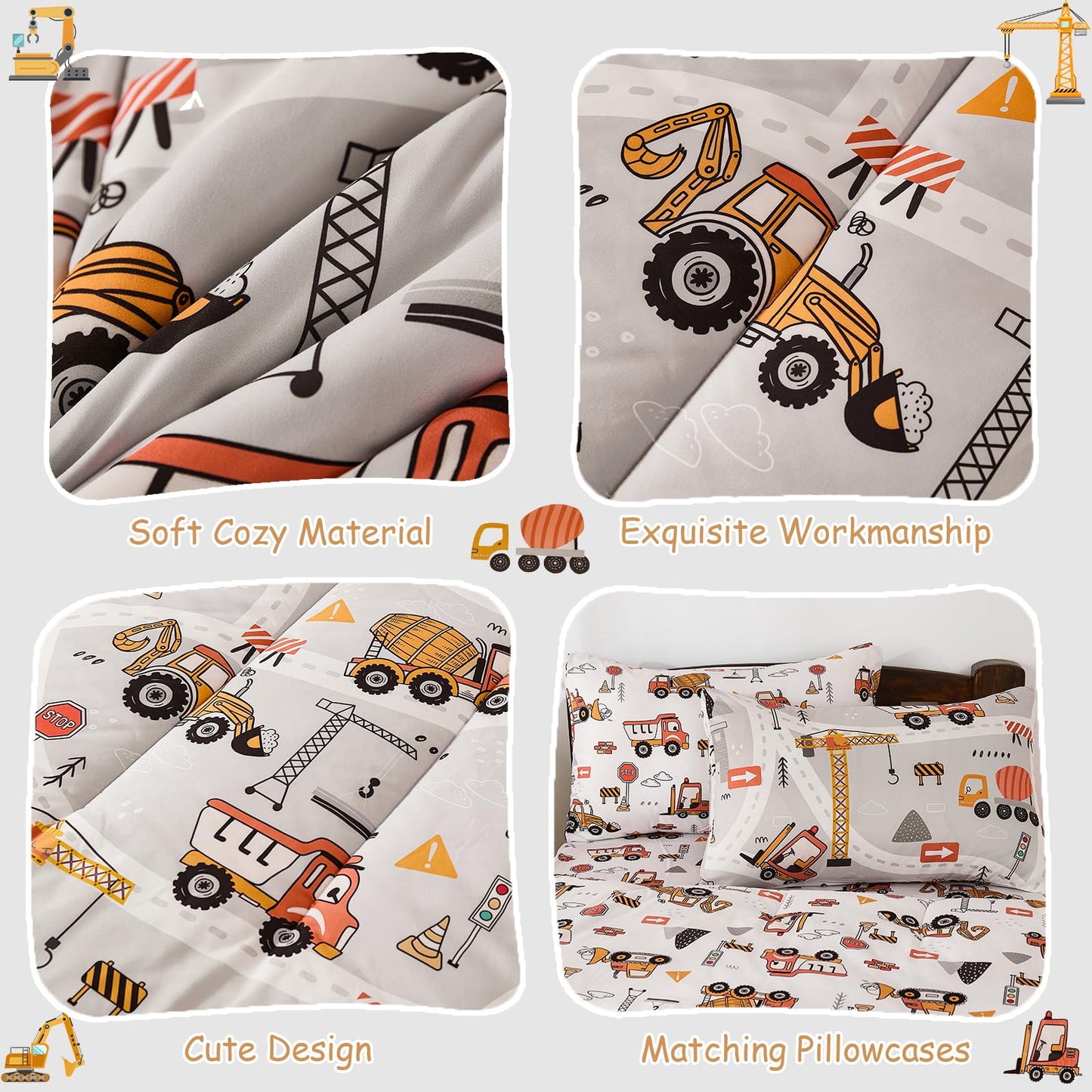 DJY Zipper Bedding Set Twin, Cars Bedding Sets for Boys, Kids Construction Comforter Set with Fitted Sheet Pillowcases, All in One Zipper Bed Set for All Seasons