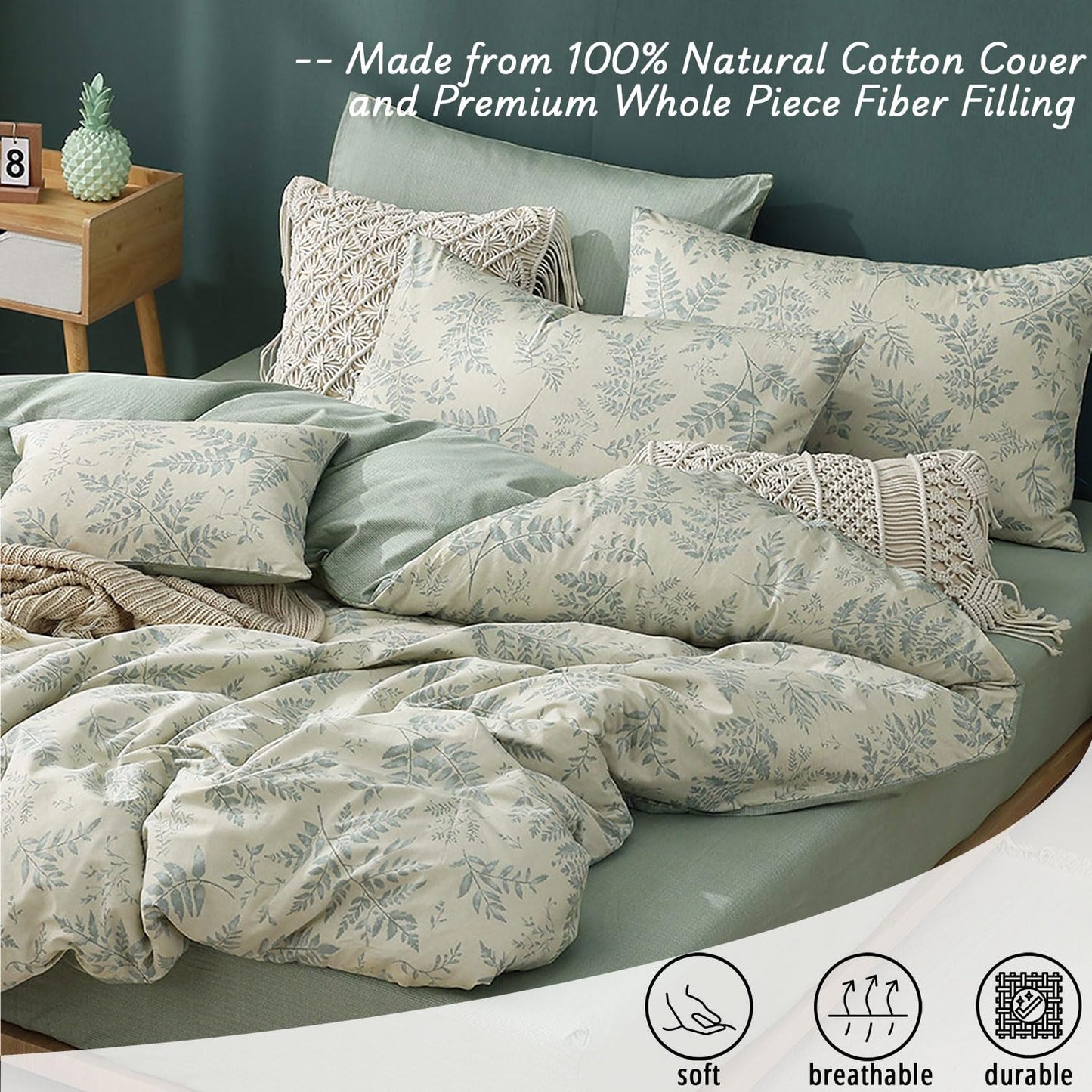 LEMIROE Botanical Cotton Comforter Queen Size - Dusty Green Comforter Printed with Luxurious Greyish-Green Ferns on Beige,Reversible Lightweight Bedding Sets 3Pcs(90"×90")
