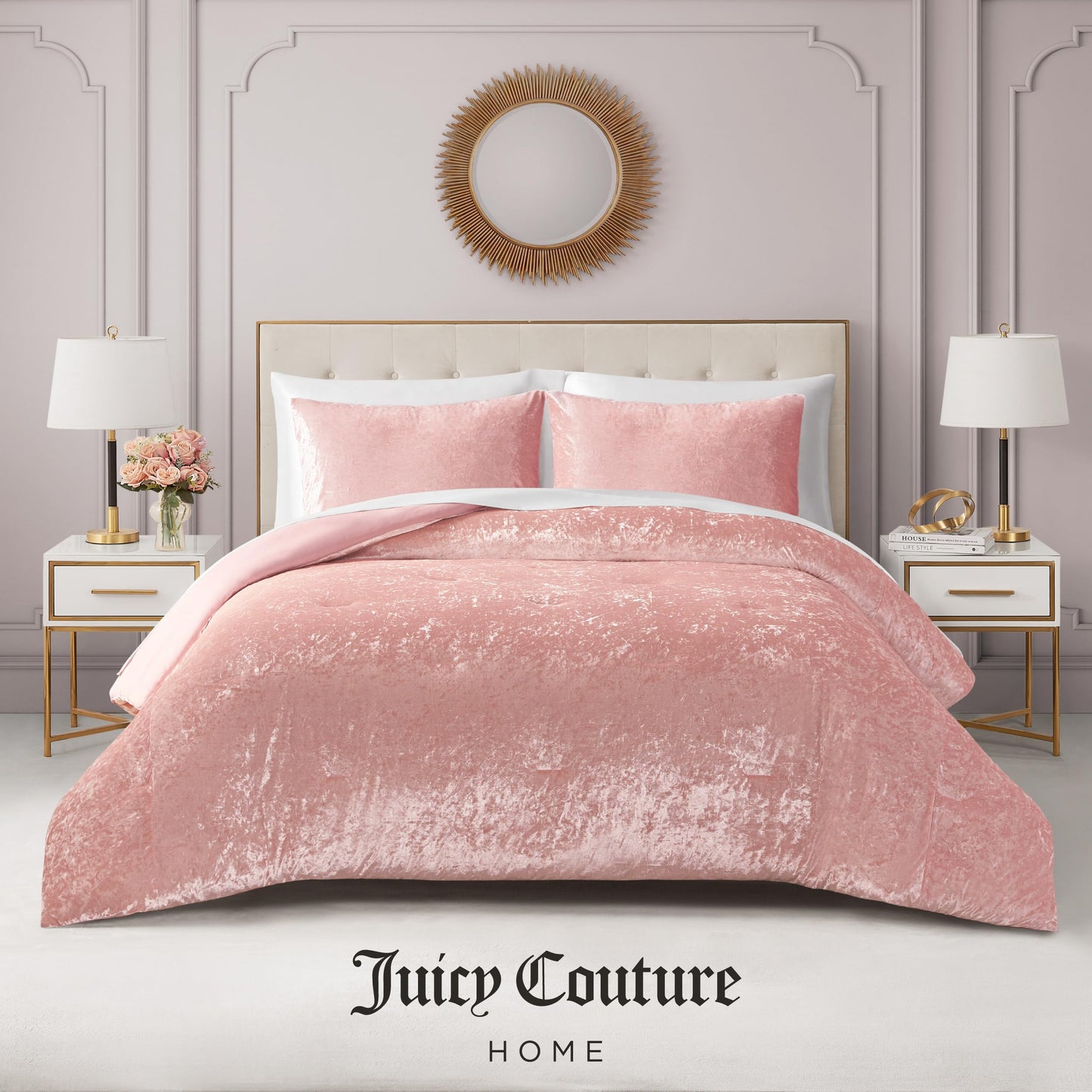 Juicy Couture Crushed Velvet Queen Comforter and Sham Set, 3-Piece Queen Bedding Set - (1) 90"x90" Comforter and (2) 20"x26" Sham - Pink