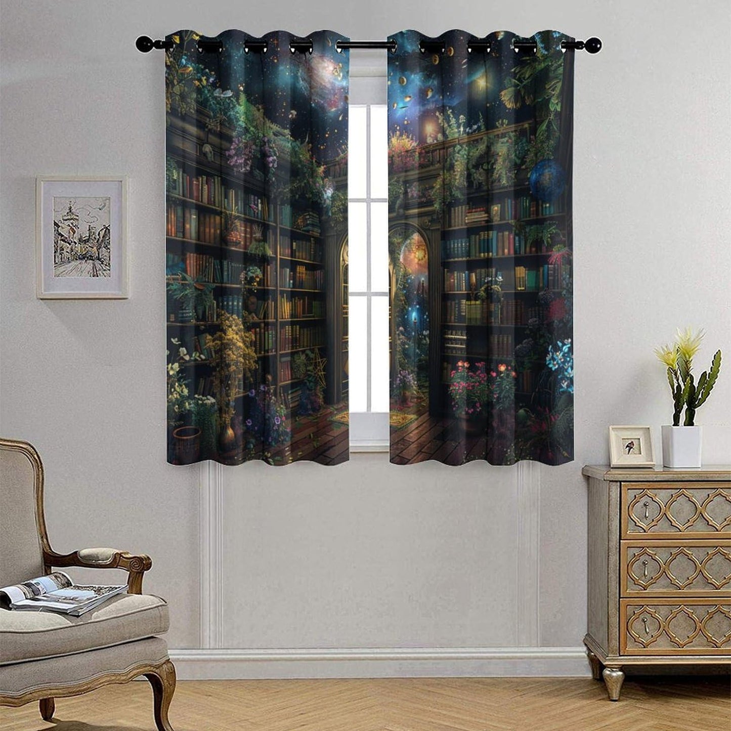 HDESDIS Bookshelf Fantasy Grommet Blackout Curtains for Bedroom, Mystical Space Star Library Thermal Insulated Curtains Room Darkening Window Drapes, 21W x 45L, 2 Panels
