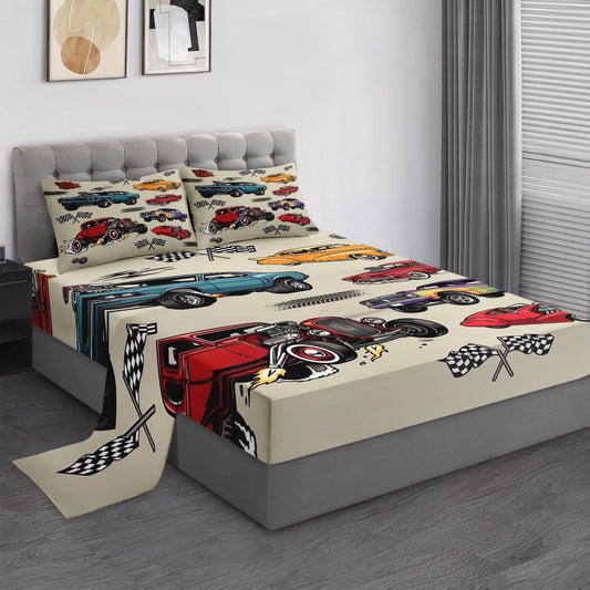 Pamnest Twin Size Bed Sheet Sets, Vintage Truck Microfiber 3 Pcs Bedding Sets for Kids and Adults Bedroom Bed Decor, Classic Cars Flat, Fitted Sheet and Pillowcases