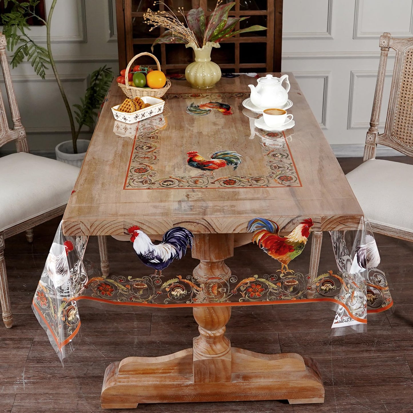 Artbloss Clear Table Cover Protector Vinyl Table Cloth Oil Spill Proof Vintage Rustic Plastic Table Covers for Dining Tables (Roosters, 60 x 84 Inches)
