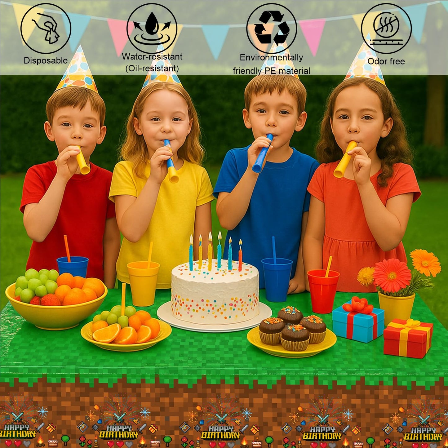 iCrius Pixel Design Party Tablecloths - 6 Piece Set - 54"x108" Oversized - Ideal for Craft Mining Theme Parties & Gamer Decor