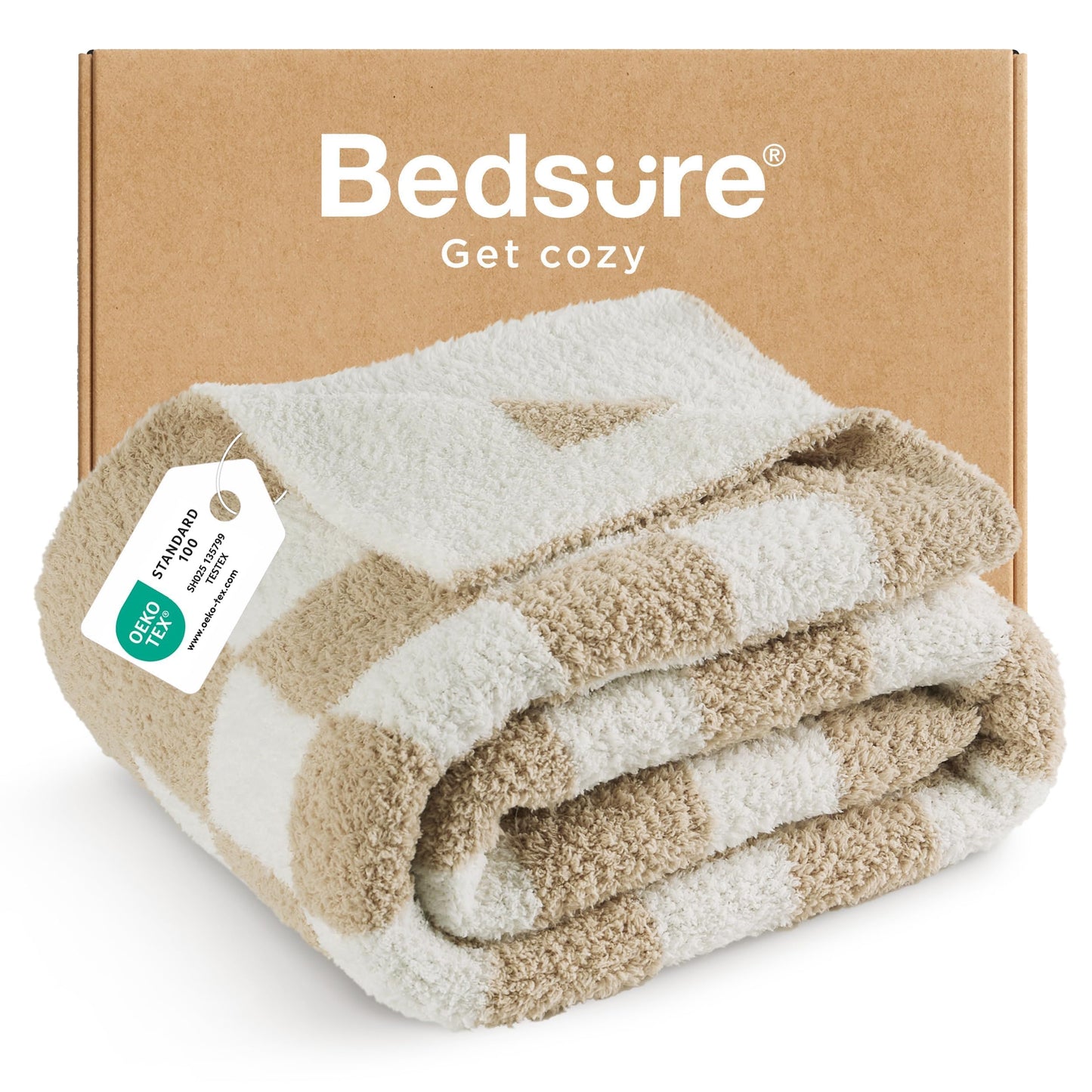 Bedsure Beige Throw Blanket for Couch, Cozy Soft Checkered Blanket, Lightweight Warm Knit Fluffy Throw Blankets for Bed Sofa, Camping, Picnic, Travel, Gifts for Women Men, 50x60 Inches