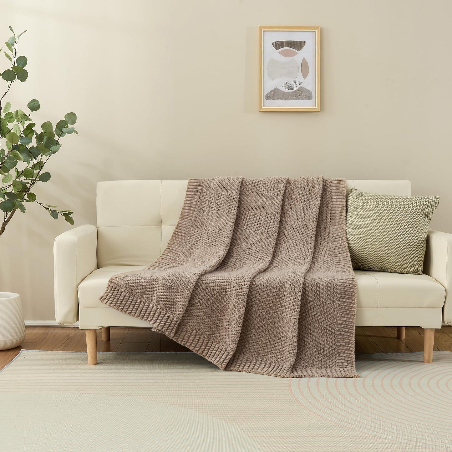 LONG CREATE Knitted Throw Blanket 50"X60", Taupe Knit Throws for Bed, Super Soft Boho Chevron Blankets for Couch Sofa Chair Room Decor, Textured Decorative Farmhouse Cozy Lightweight