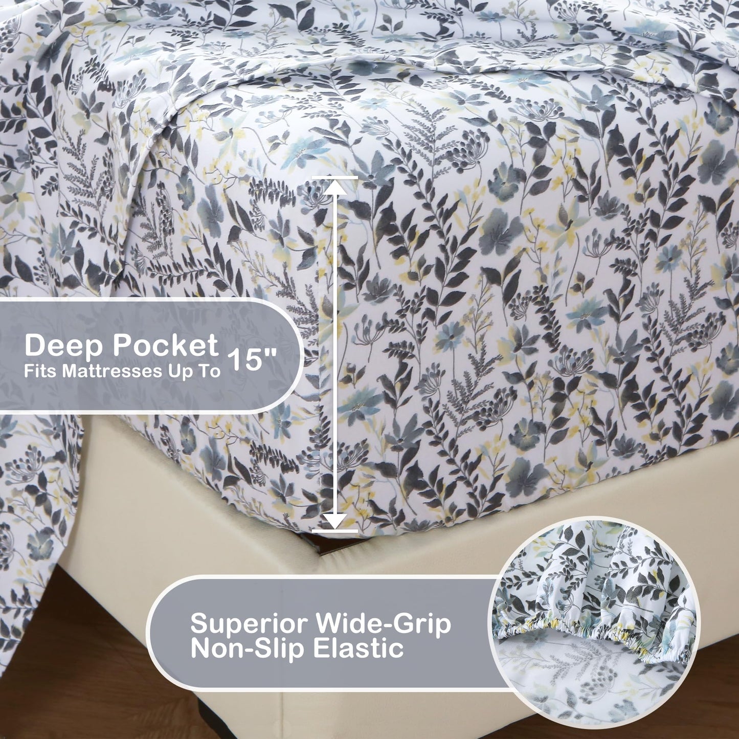 Mooreeke Cozy Vintage Microfiber Printed King Sheet Set - Soft Breathable Percale Cotton Floral Bed Sheets with Deep Pocket - Non-Slip Fitted Design - Yellow Blue Gray Gradient Flowers Pattern
