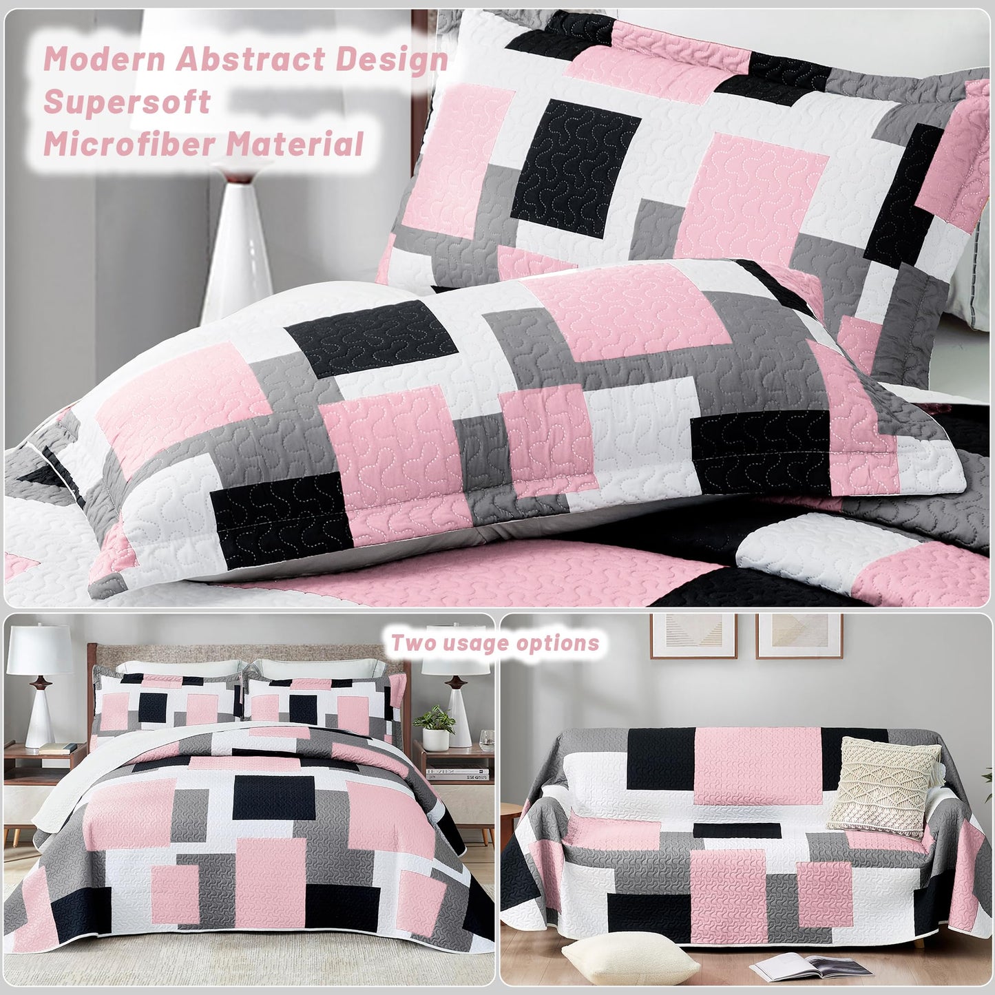 Tyrot 3 Piece Pink Grey Quilt Set Full/Queen Size Pink Gray White Geometric Reversible Bedding Set Microfiber Lightweight Bedspread Coverlet with 2 Shams Modern Bed Cover for All Season, 90''x96''