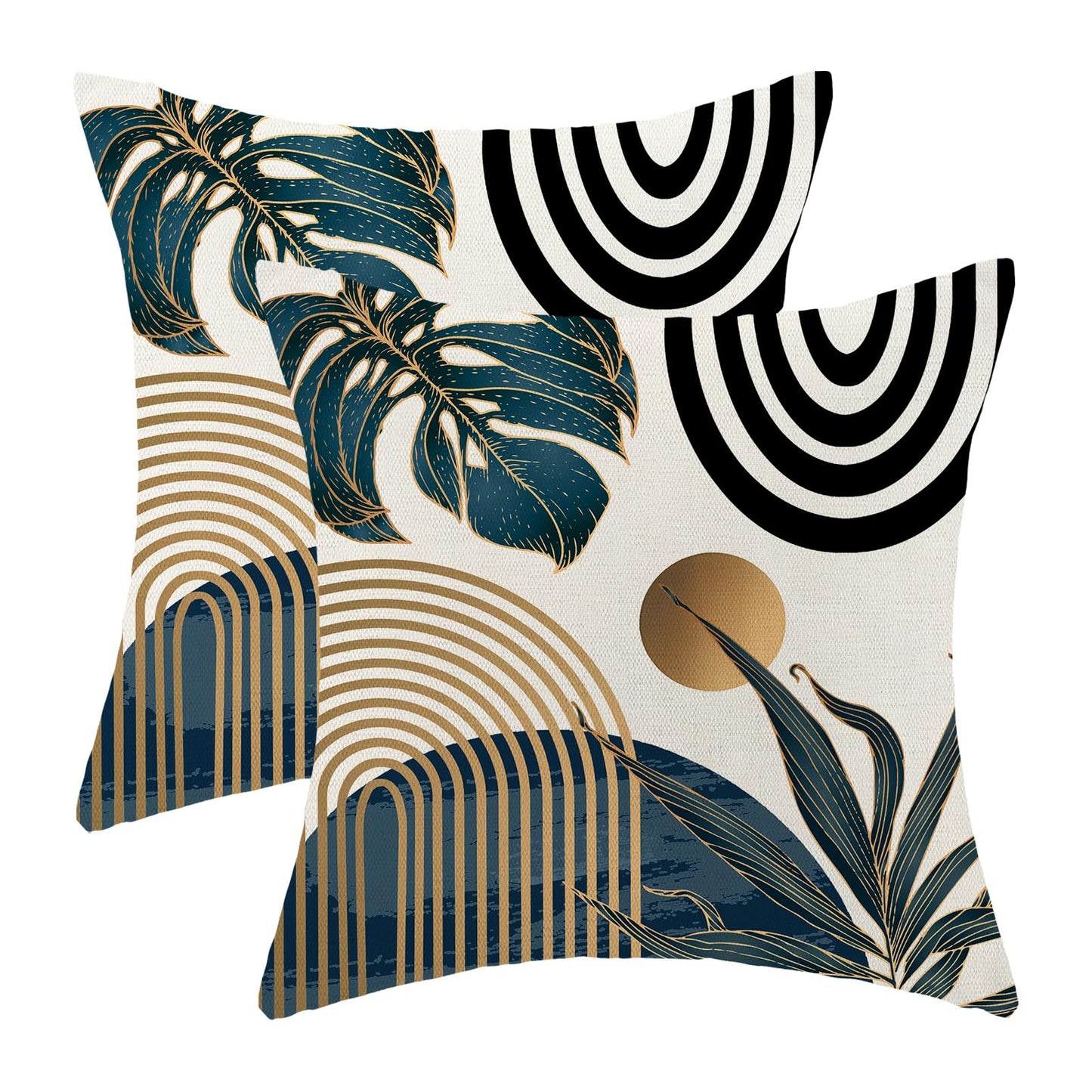 Boho Pillow Covers 18x18 Set of Mid Century Navy Blue Black Gold Tropical Leaf Throw Pillow Covers Outdoor Decor,Abstract Modern Bohemian Farmhouse Square Decorative Cushion Cover for Home Sofa